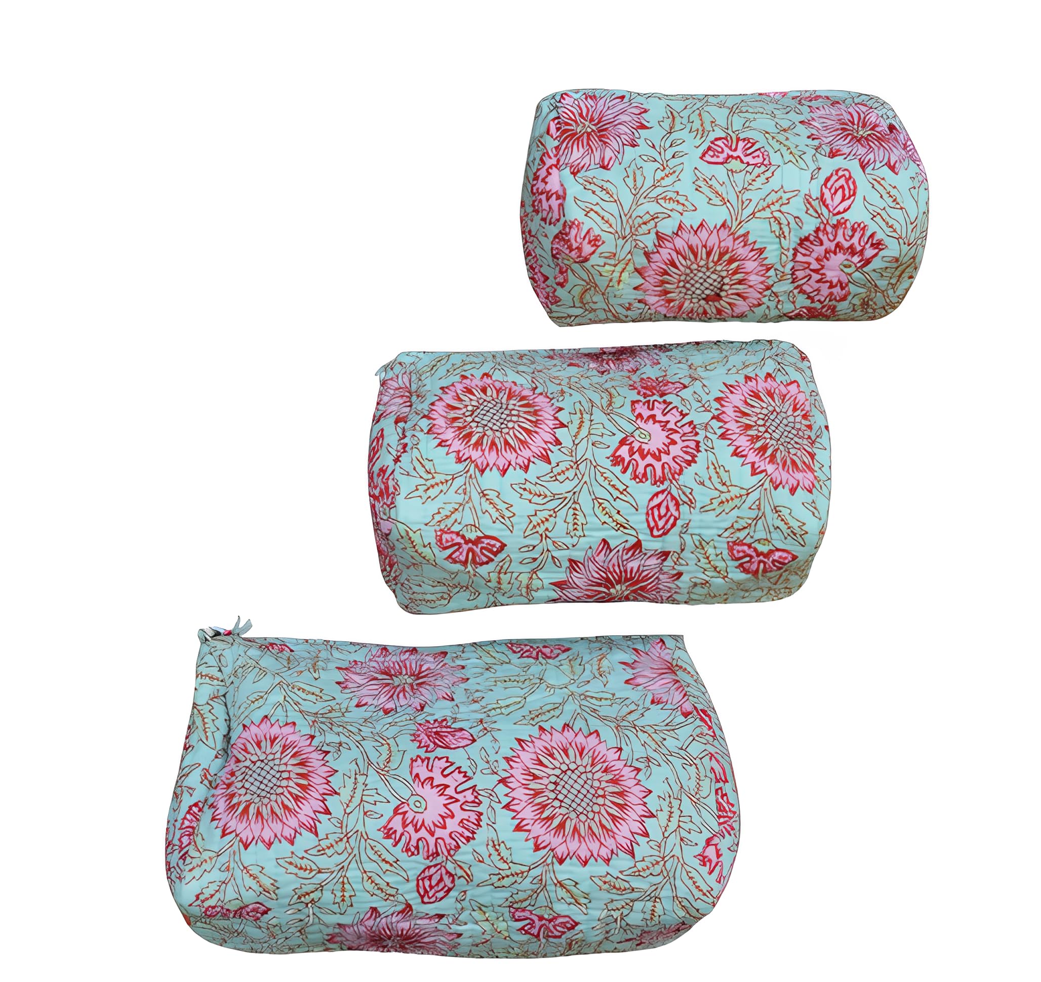 INDACORIFY Indian Cotton Floral Block Print Toiletry Travel & Make up Pouch Set of 3 Pieces Quilted Bags Shaving Kit