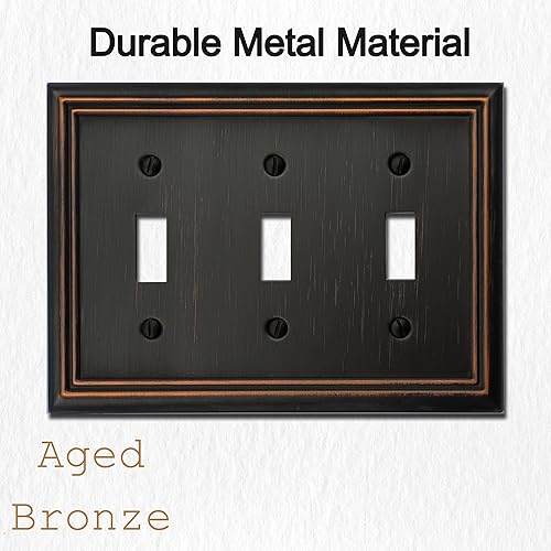 Miniatura 3 de OKAWYC Placa de pared de metal Adler con cubierta de interruptor de luz de triple palanca, paquete de 2 unidades de bronce envejecido de 3 bandas,