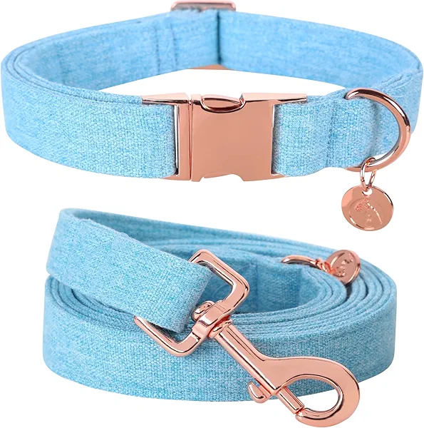 DOGWONG Cotton Dog Collar and Leash, Blue Pet Collar Soft Durable Puppy Collar Leash for Small Medium Large Dogs