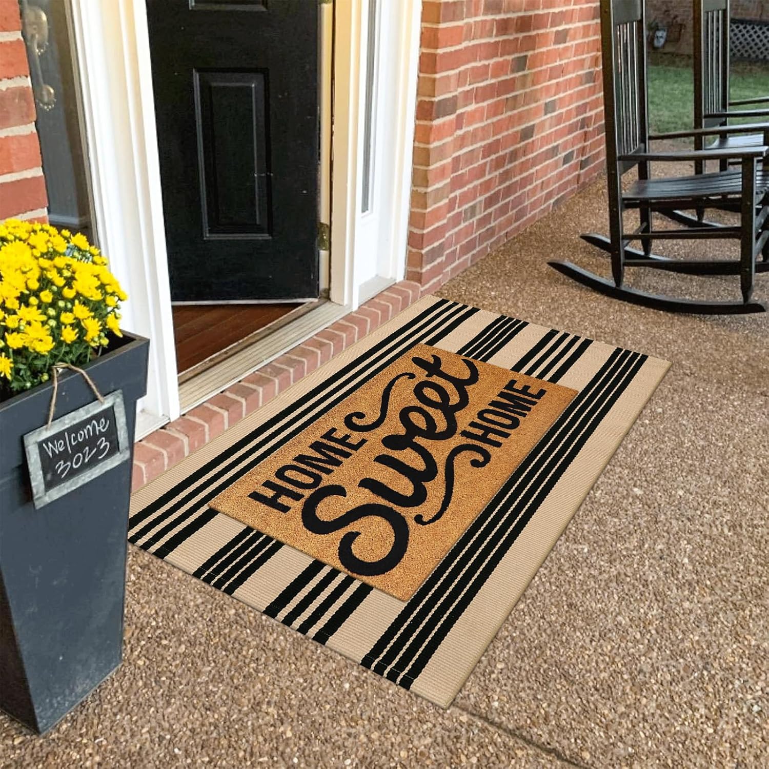KIMODE Fall Front Door Mat 24x51, Black and Khaki Striped Layered Door Mat Outdoor, Washable Farmhouse Front Porch Rug Halloween Thanksgiving Decorations, Cotton Hand Woven Entryway Rug