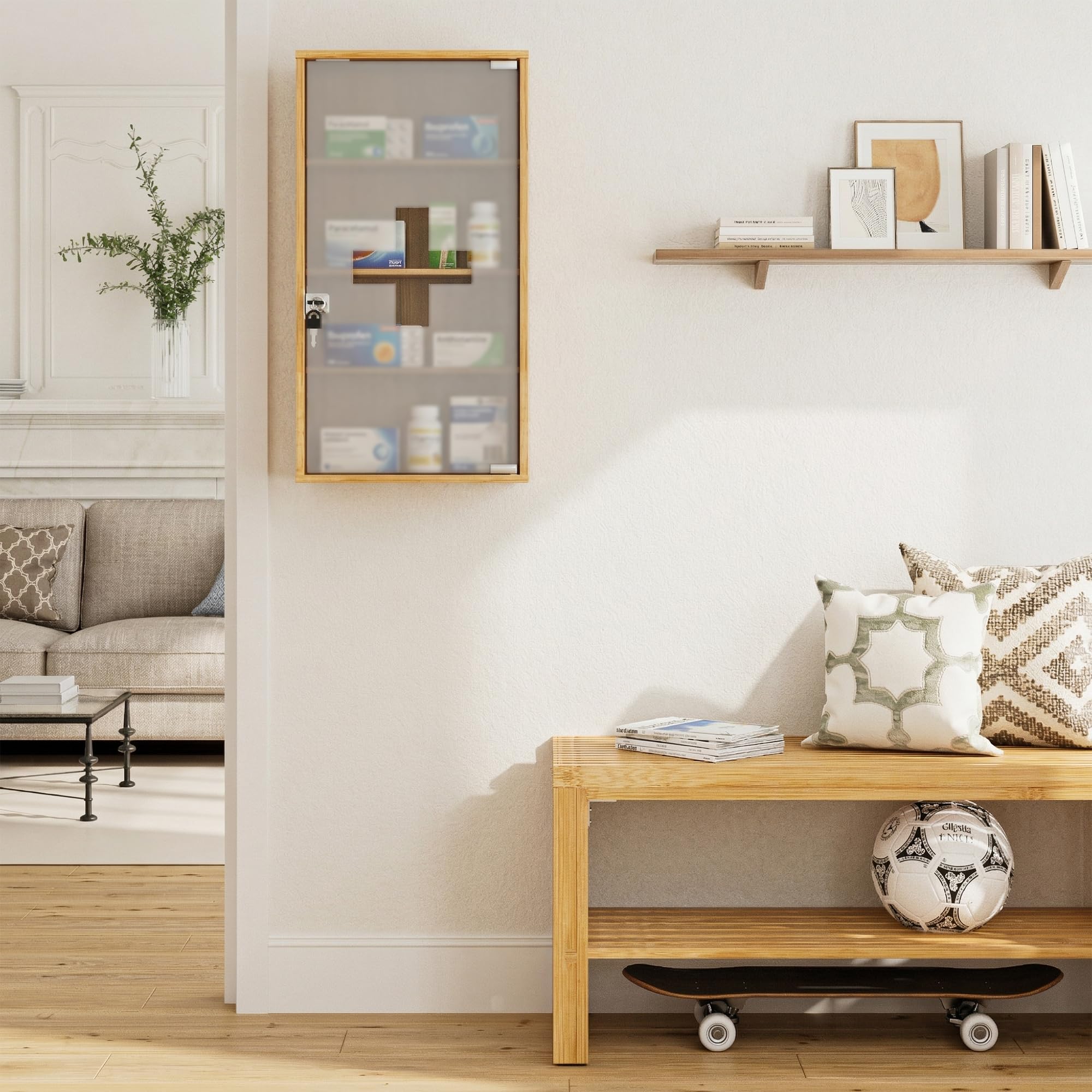 HEYZOEY Armoire à pharmacie en bambou verrouillable à fixer au mur avec 4 compartiments, pharmacie domestique pour salle de bain, 65 x 35 x 18 cm, grande armoire à pharmacie pour un usage domestique