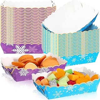 Dunzoom 60 Pcs Blue Purple Winter Snowflake Paper Food Trays Winter Wonderland Party Decoration Snowflake Snack Trays Nacho Boats Bowl Disposable for Holiday Birthday Baby Shower Party Supplies