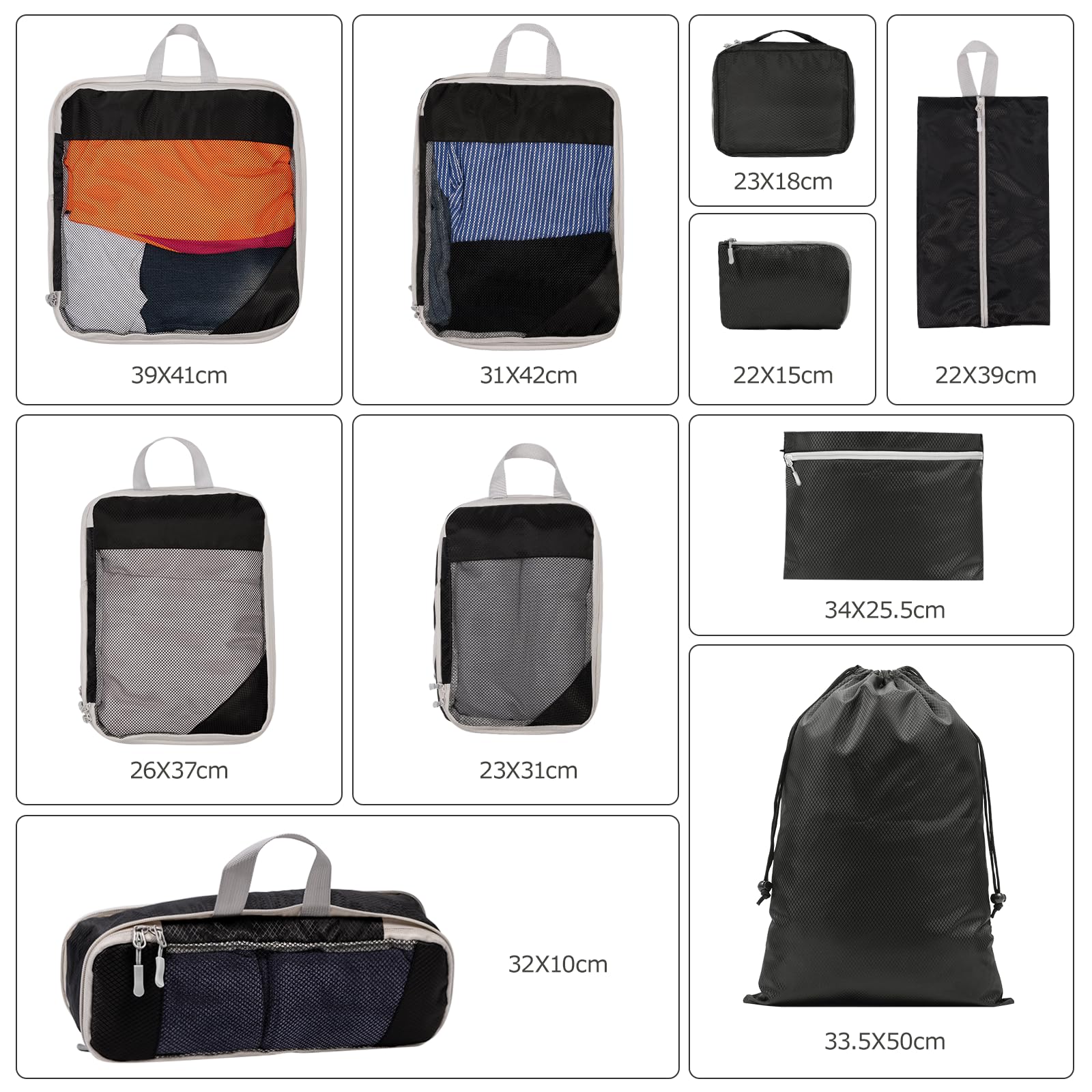 BillyBath Set di organizer per valigie, 10 pezzi, sacchetti per vestiti, sacchetti per scarpe, organizer da viaggio, organizer per cosmetici, da viaggio, borsa da viaggio