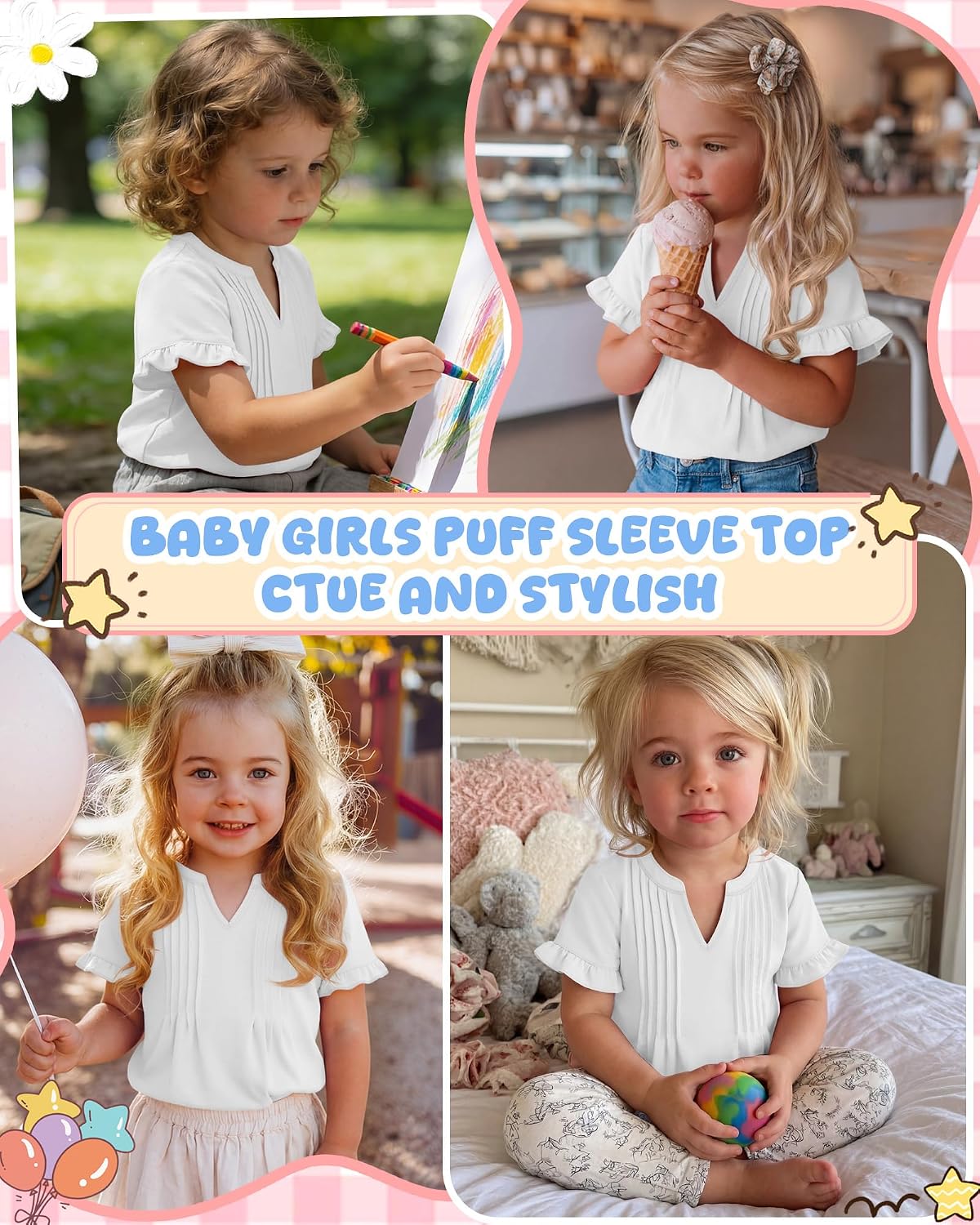 Ficerd Toddler Girls Ruffle Puff Sleeve Blouse V Neck Pleated Short Sleeve Tunic Top Baby Girls Summer Casual Shirt 18M-5T
