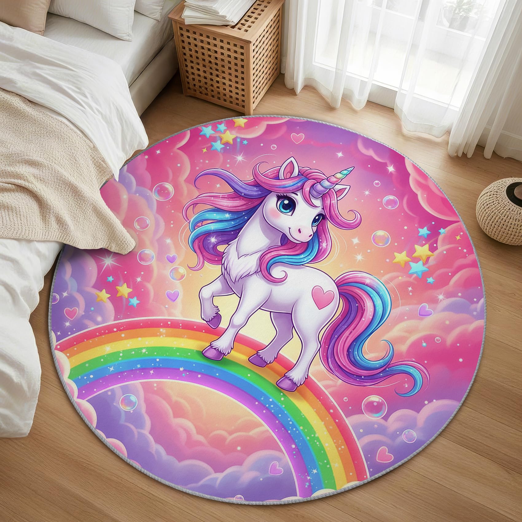 Einhorn Mädchen Teppich Rund 120cm Kurzflor - Waschbare Teppiche Wohnzimmer Rosa Einhorn Motiv Regenbogen Wolken - Runder Teppich 120 Durchmesser - Bettvorleger Schlafzimmer rutschfest