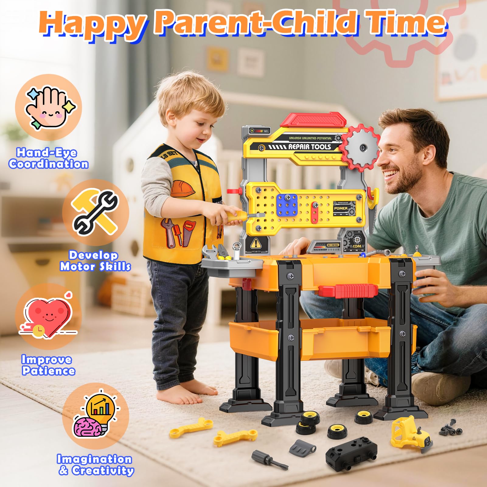 Naxudcoo Établi à outils pliable pour enfants avec perceuse électrique et véhicule de chantier démontable, jouet pour enfants à partir de 3 ans, cadeaux pour garçons de 3, 4, 5 ans