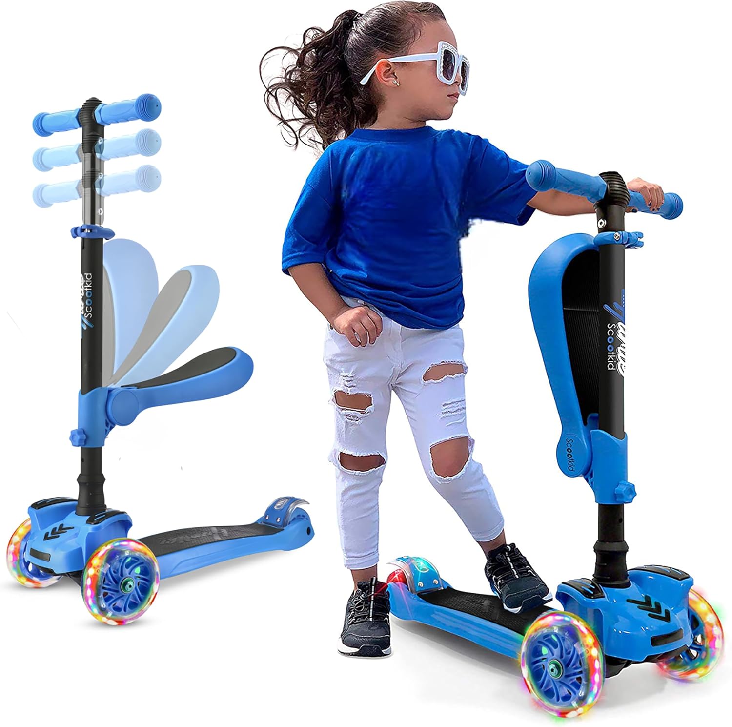 Hurtle blue three-wheel scooter with removable flip-out seat and light-up wheels
