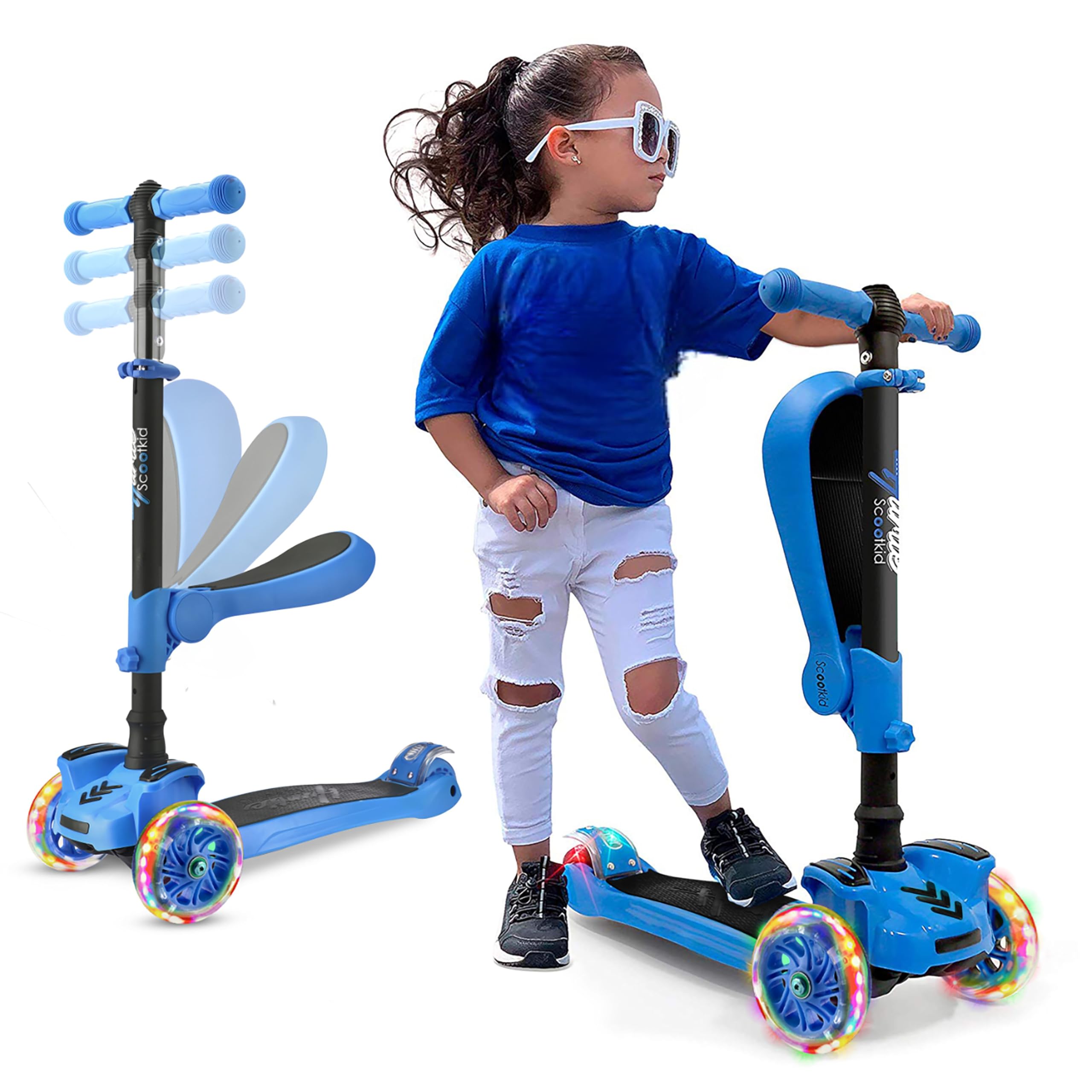Hurtle 3-Wheel Tri Scooter for Kids - Ages 2-12, Flip-able Seat, Foldable, Flashing Lights, Adjustable Height