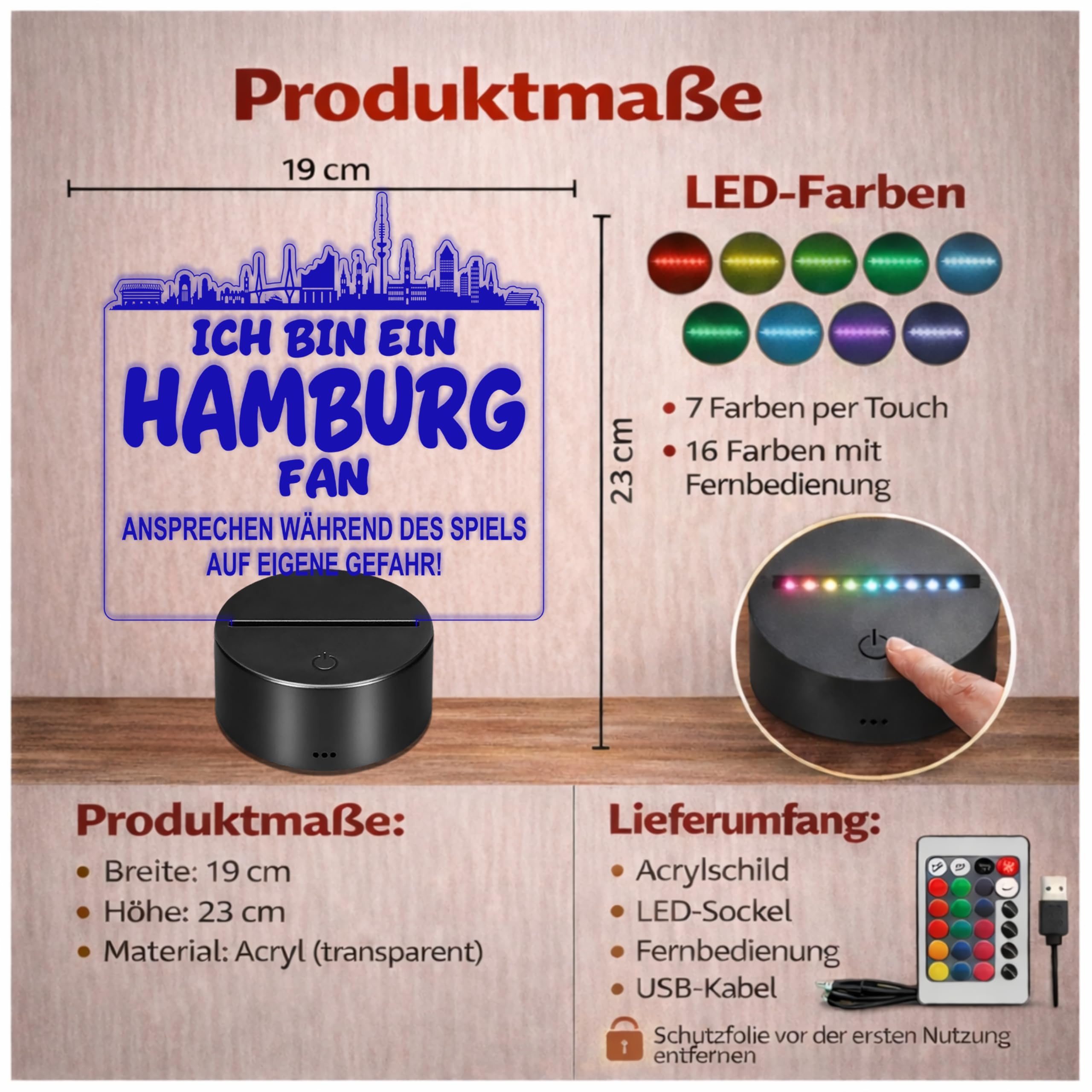 Lieblingsmensch Hamburg Fan Fußball LED Nachtlicht – 3D Skyline Design „Ansprechen auf eigene Gefahr“ – RGB Farbwechsel mit Fernbedienung & Touch – Stimmungslicht für die Man Cave – 19x23cm