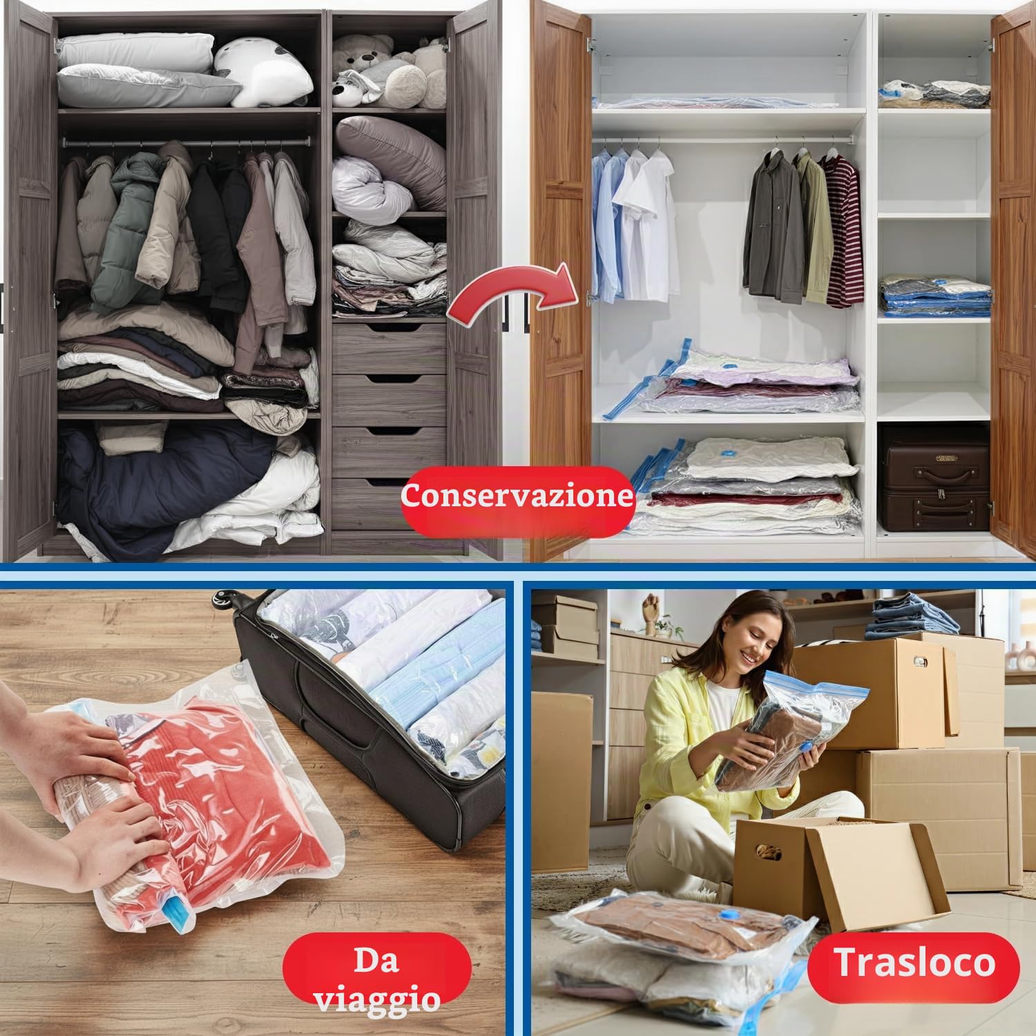 Spacesaver Premium Sacchetti Sottovuoto, 80% in più di Stoccaggio, Pompa a Mano per Viaggio, Doppia Chiusura, Tripla Valvola Turbo-Guarnizione per il Massimo Risparmio di Spazio-Medi 4 Pezzi