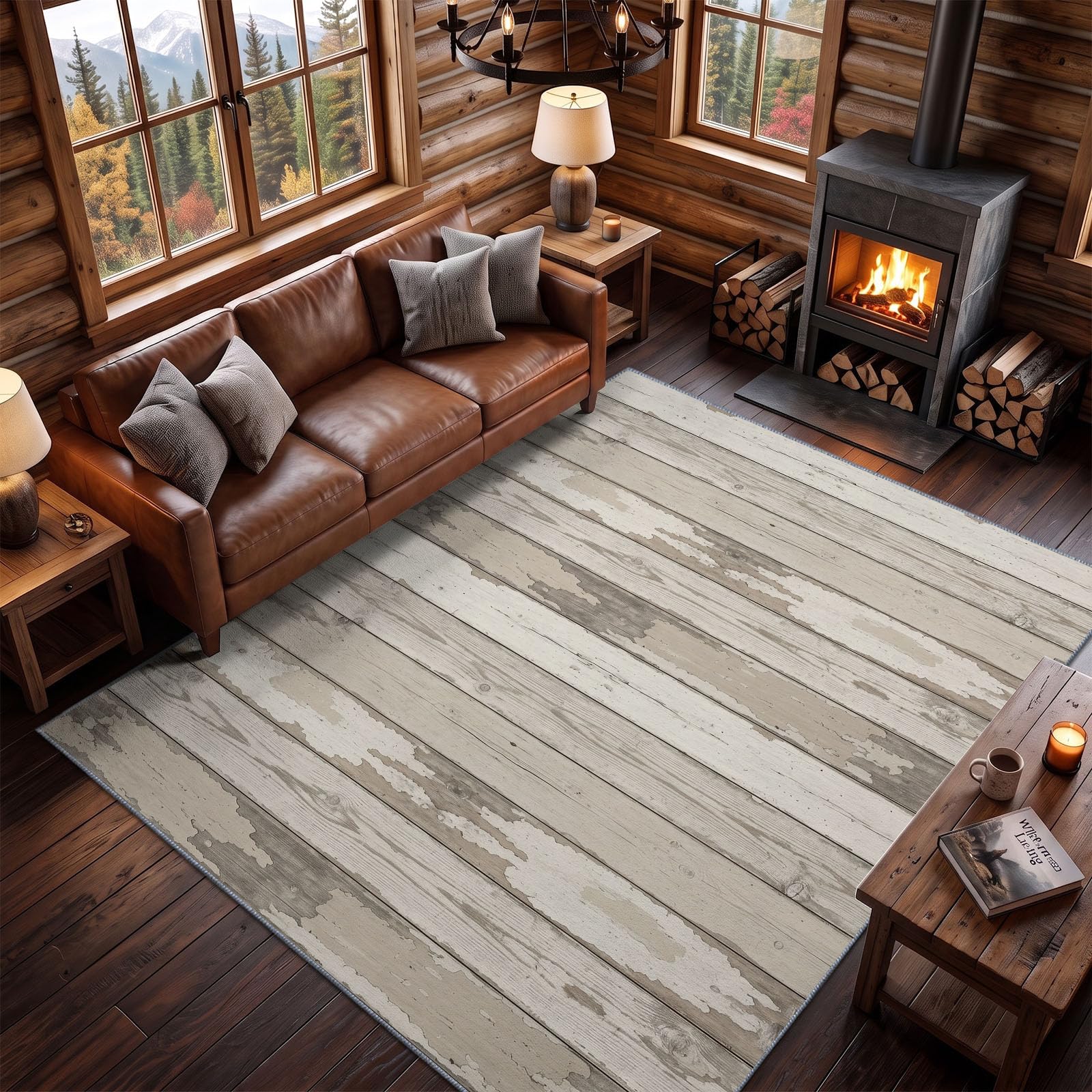 Teppich Waschbar Landhaus Vintage 120 x 180 cm Creme Natürlich Weiche Holzmaserung Teppiche, rutschfest Leicht Reinigen Nicht Abfallender, für Schlafzimmer