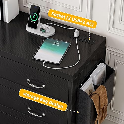 Miniatura 4 de DWVO Black 6 Drawers Dresser, 59" Vintage Dresser Chest of Drawers with USB Charging Station and Organizer Bag, 6 Chest of Dressers with