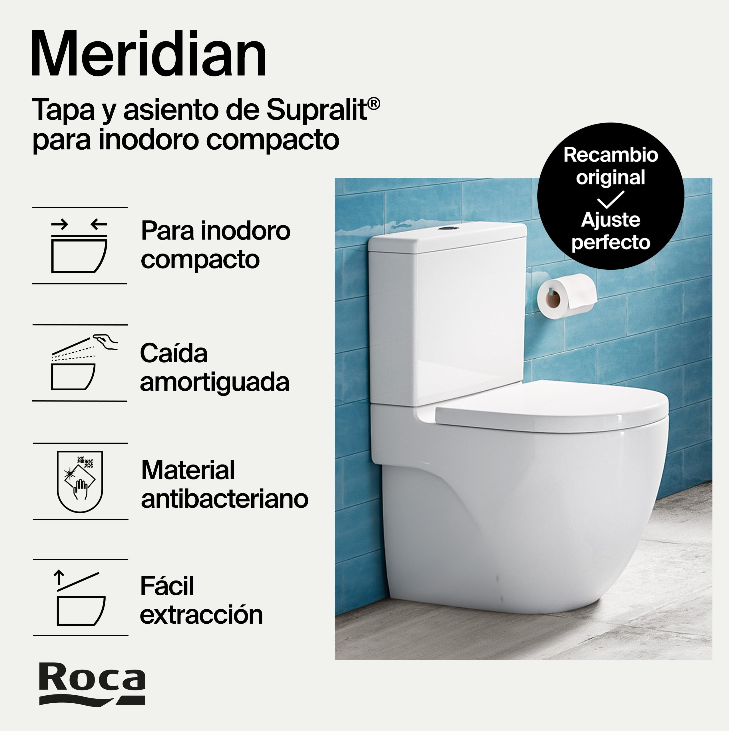 Roca Meridian - Tapa y asiento de Supralit para inodoro compacto con caída amortiguada, tapadera de WC original con ajuste perfecto, recambio de tapa de váter resistente, blanco, A8012AC00B
