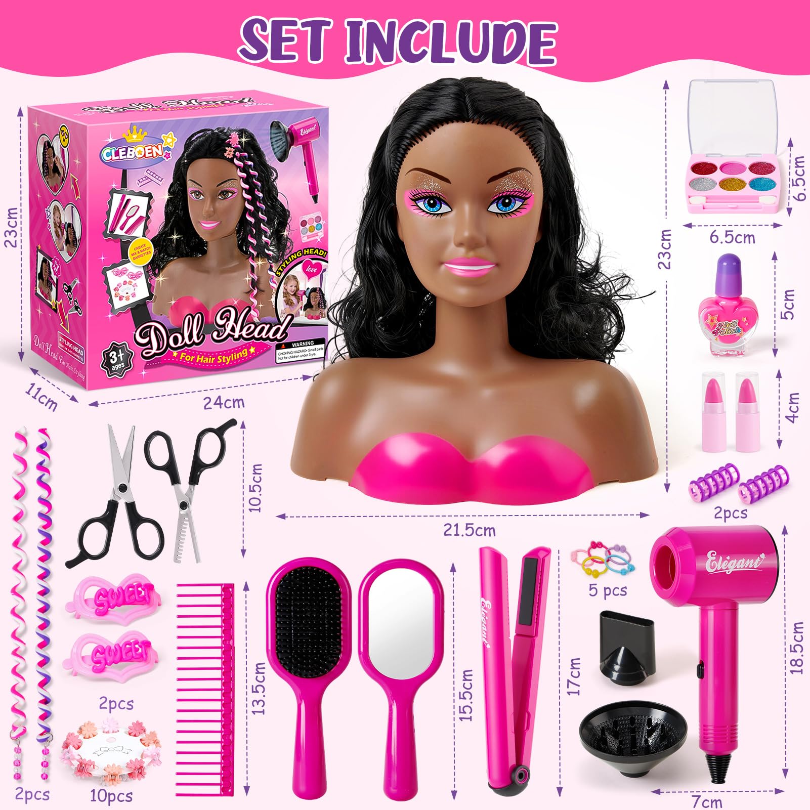 Tacobear Tête à Coiffer Enfant avec Sèche-Cheveux Lisseur Maquillage Vernis à Ongles Accessoires de Coiffure Set Jouet Fille 3-6 Ans