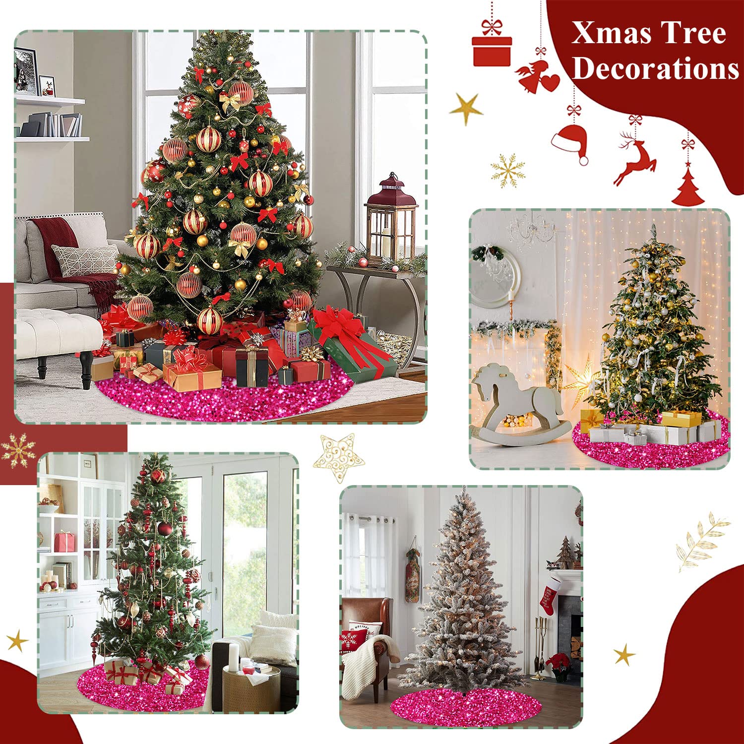 Gonna Per Albero Di Natale In Velluto Rosa Shocking Con Paillettes – Diametro 116 Cm, Copritronco Scintillante, Decorazione Natalizia