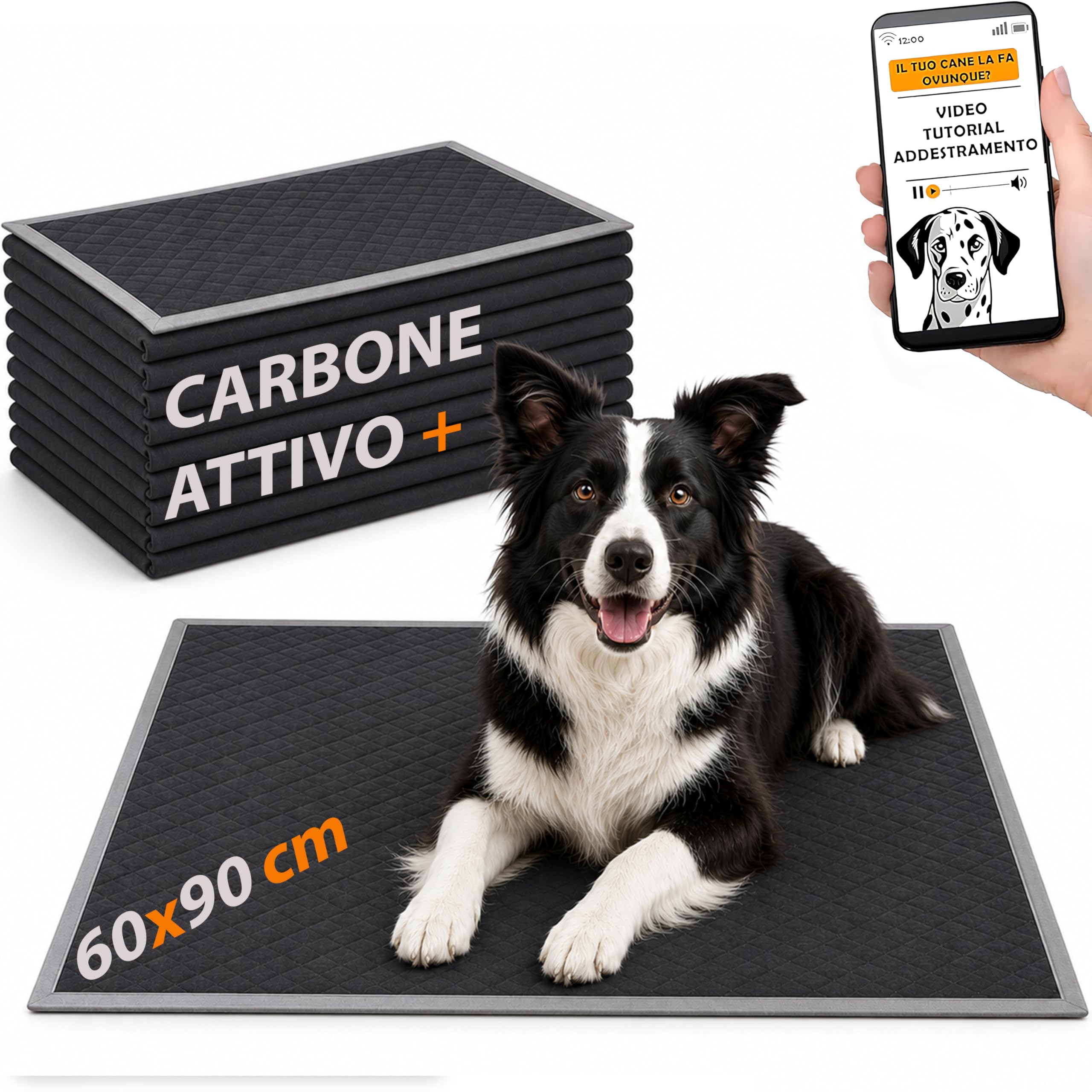 HAND Traversine Cani Carboni Attivi 60x90 cm, 50 Pezzi Super Assorbenti e Antiodore, Tappetini Igienici Neri per Cani e Cuccioli con Adesivi di Fissaggio, Extra Spessi e Resistenti (50 Pezzi 60x90 cm)
