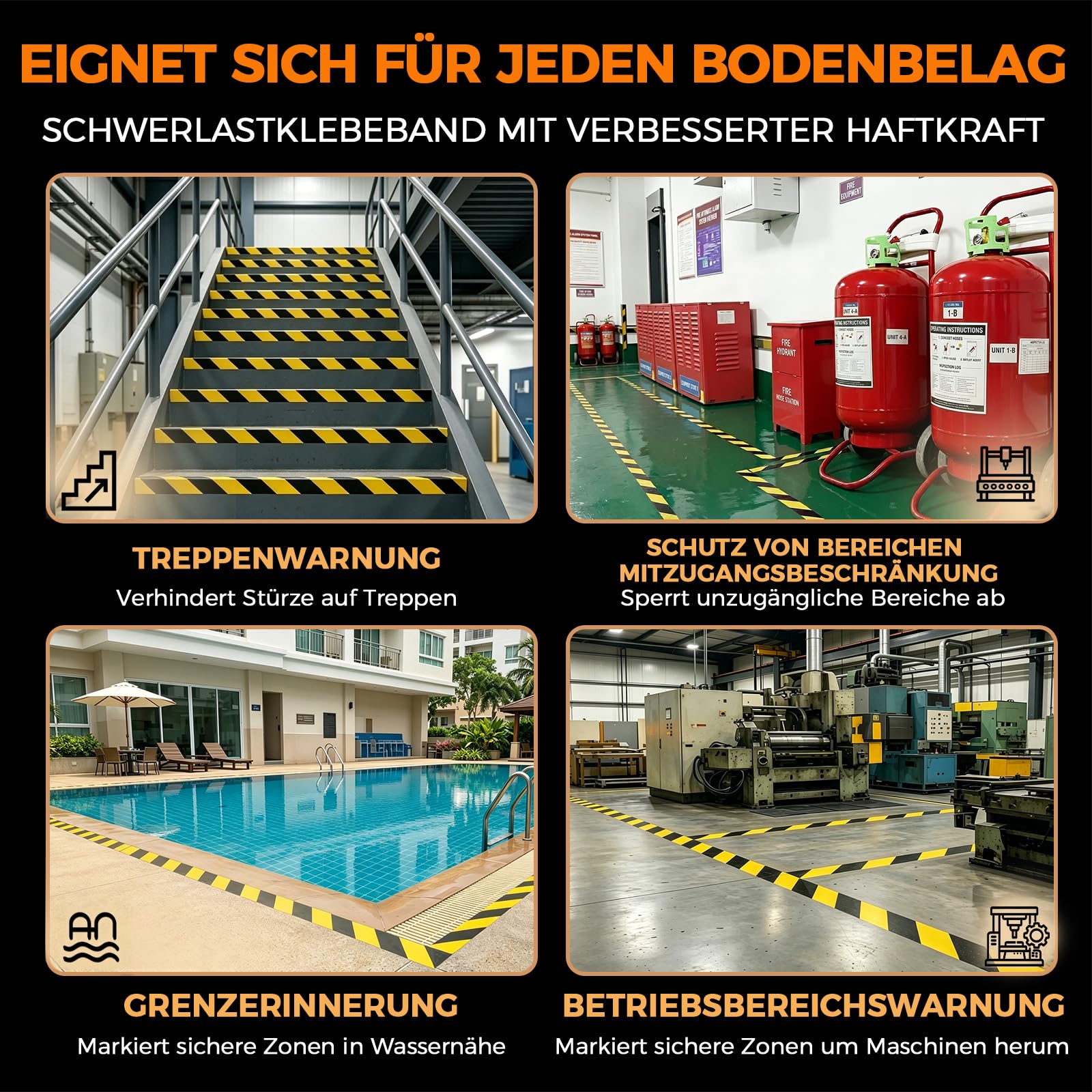 Warnklebeband, Verstärkt und verschleißfest Warnband, Gefahren Markierungs Klebeband Absperrband Zur Bodenmarkierung,50mm x 30m - Gelb/Schwarz