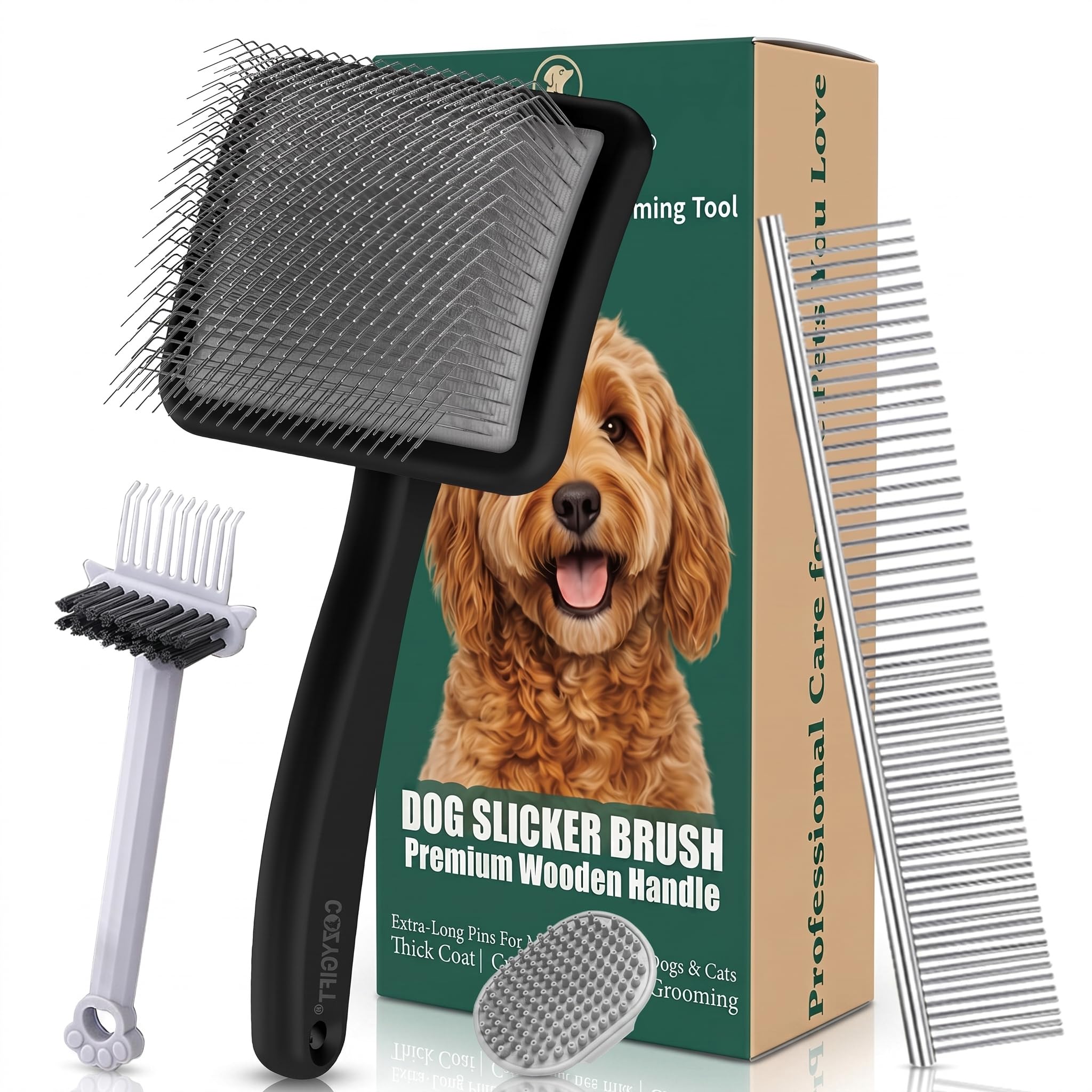 Zupfbürste für Hunde, große lange Nadel, Hundepflegebürste für Kritzeleien, Goldendoodles, Pudel, Labradoodle, Berndoodles, 4 Stück Holzgriff für Matten, Verfilzungen, Schwarz