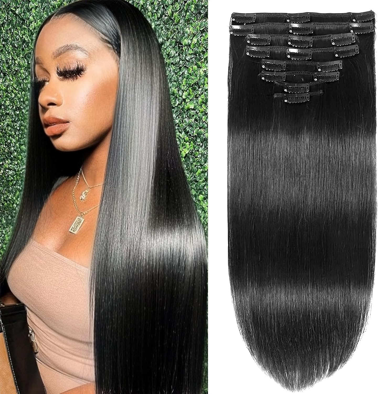 Jet Black Clip in Hair Extensions Real Human Hair Clip in Extensions Remy Human Hair Invisible Natural Straight Seamless 8pcs Double Weft 22 Inch 90g