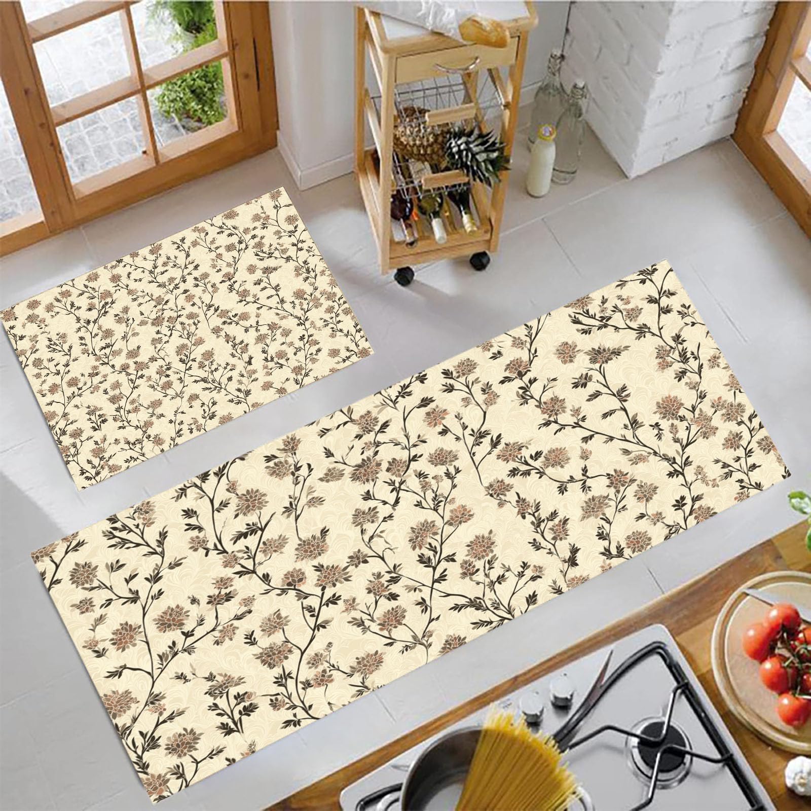 Alfombras de cocina beige de estilo granja: juego de 2 tapetes blandos y lavables antideslizantes