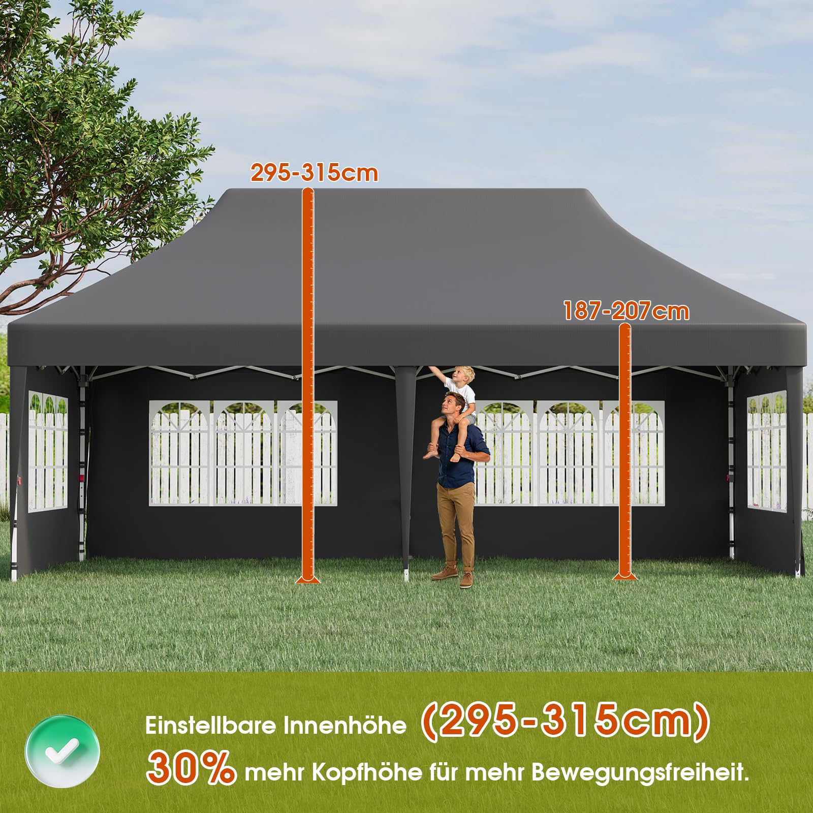 JUMMICO Gazebo pieghevole 3 x 6 con punta alta, prestazioni di protezione antipioggia migliorate del 60%, UV 50+, gazebo 3x6, impermeabile, stabile, resistente all'inverno, riparo con pareti laterali