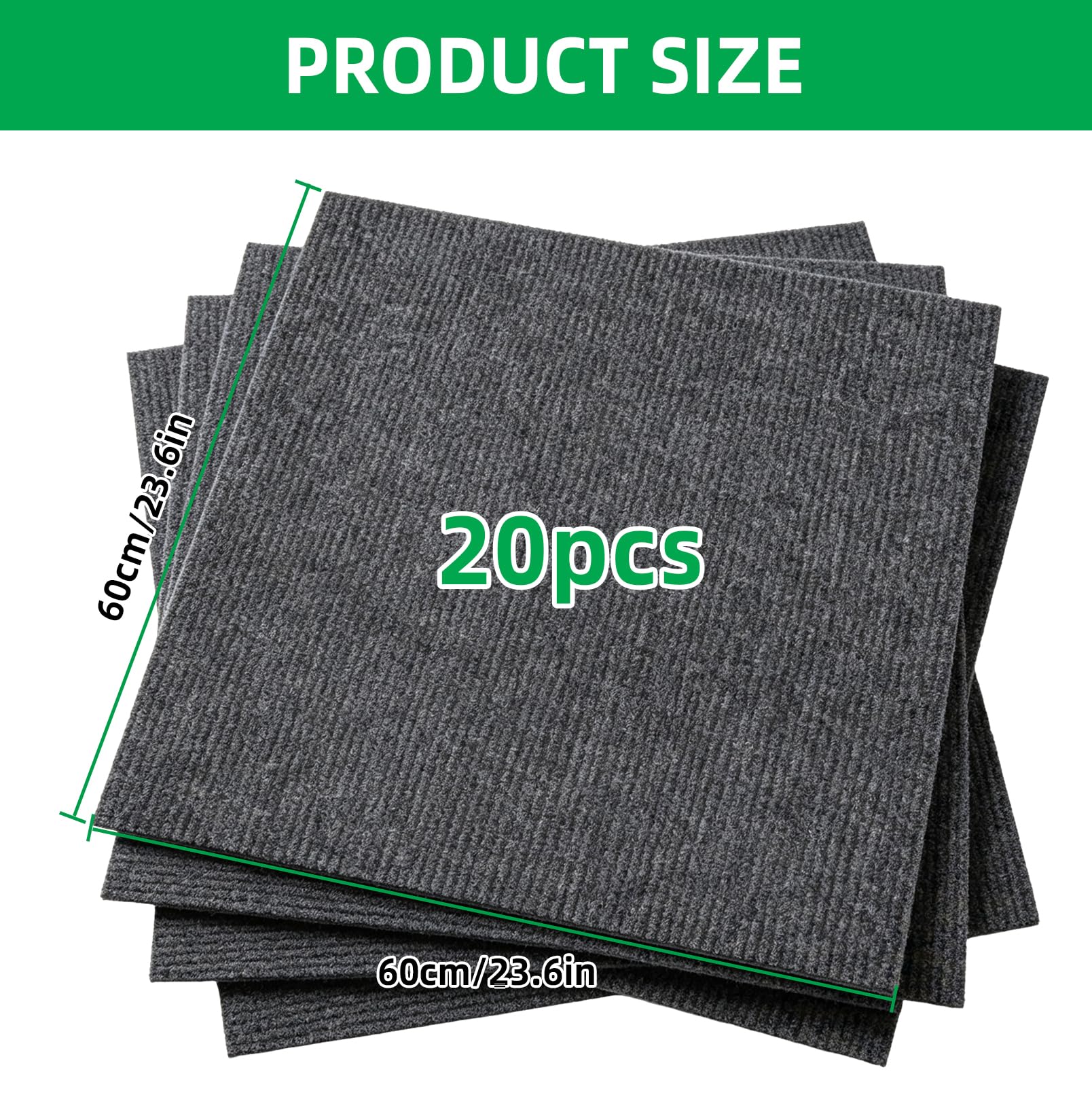 Lot de 20 dalles autocollantes pour moquette | 60 x 60 cm - Antidérapant - À coller - Pour salon, chambre à coucher, bureau, commerce - Gris foncé