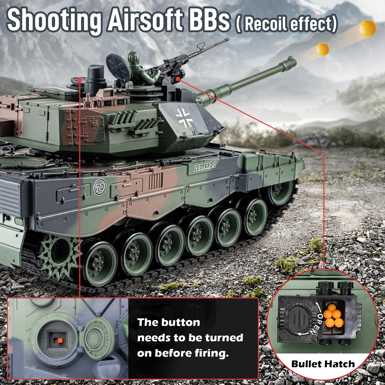 RC czołg 1:18 Leopard 2, 2,4 GHz, zdalnie sterowany czołg, model zabawki z funkcją strzału, zdalnie sterowany, 15-kanałowy model czołgu bojowego, zabawka RC, zabawka do strzelania, dla dorosłych i