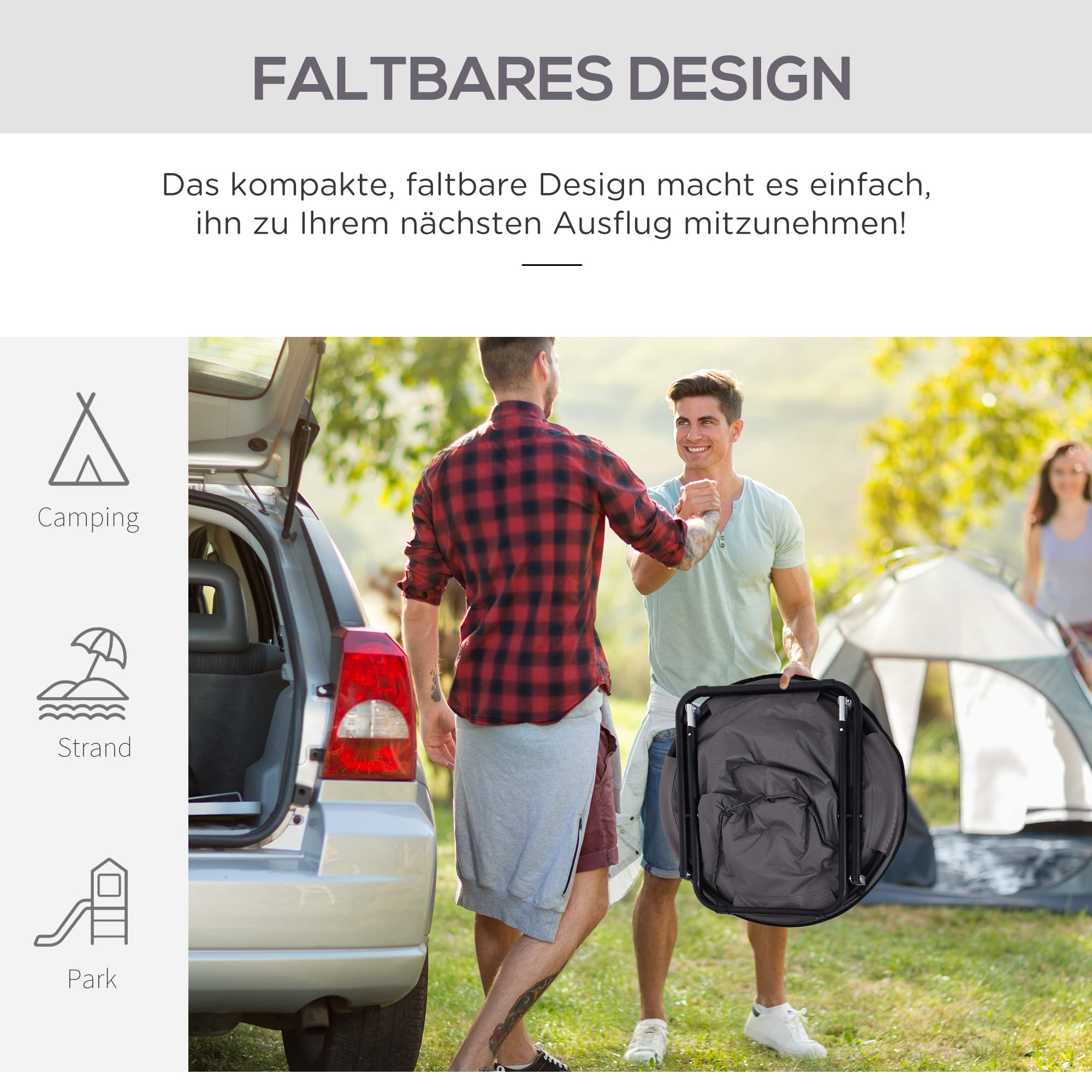 Outsunny Campingstuhl Faltbar Campingsessel mit Lehne, Klappstuhl bis 120kg, gepolstert Moonchair Extra Breit, Faltsessel Outdoor Stuhl für Garten, Balkon, Camping, Grau