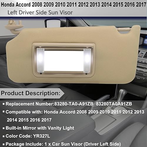 Miniatura 2 de Reemplazo de visera solar del lado izquierdo del conductor compatible con Honda Accord 2008 2009 2010 2011 2012 2013 2014 2015 2016 con luz LED de