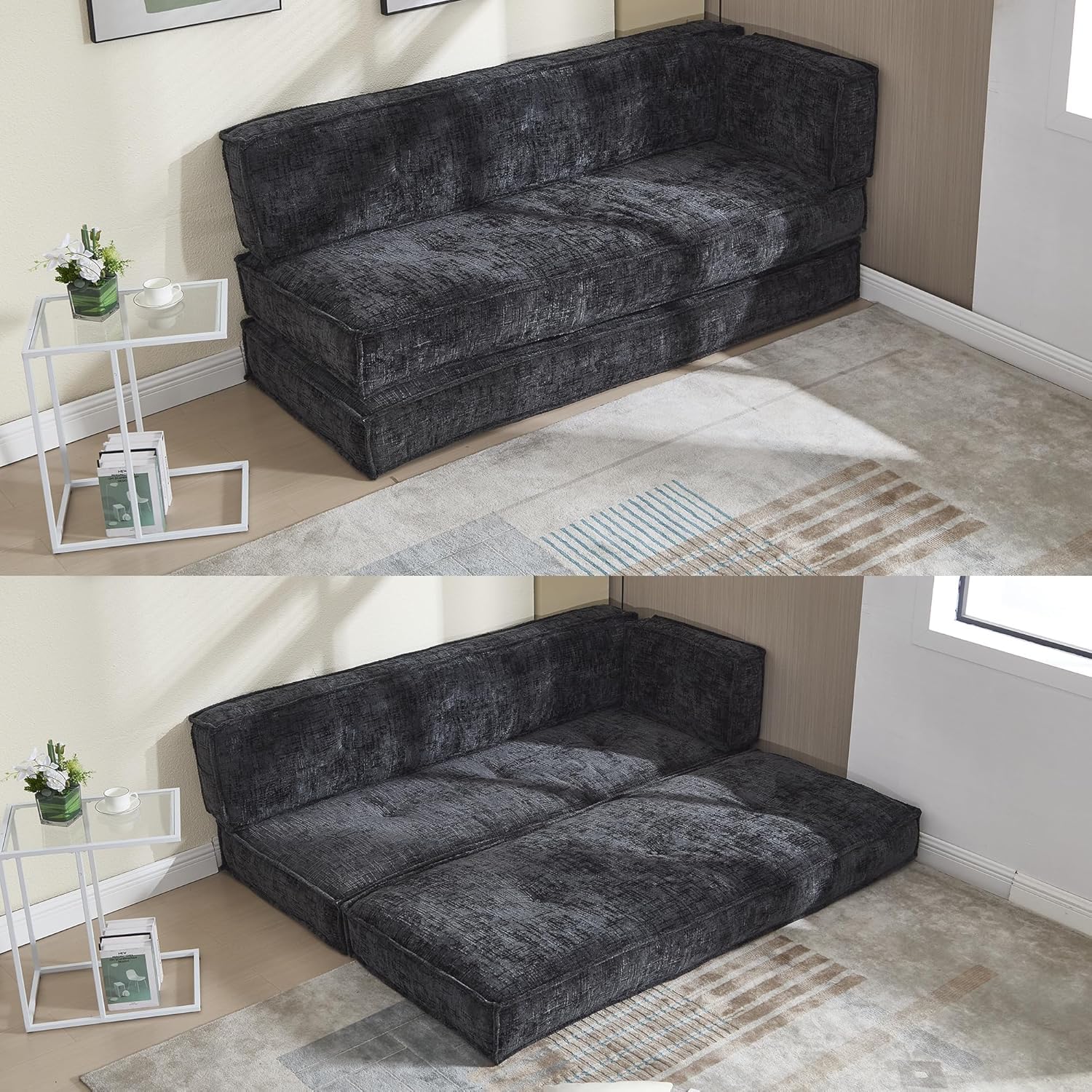 VYNELITO Modular Couch Convertible Sleeper Floor Sofa Bed, Chenille Folding Mattress Couch with Side Bag Storage, 4-in-1 Combined Lazy Sofa for Living Room Bedroom,Black