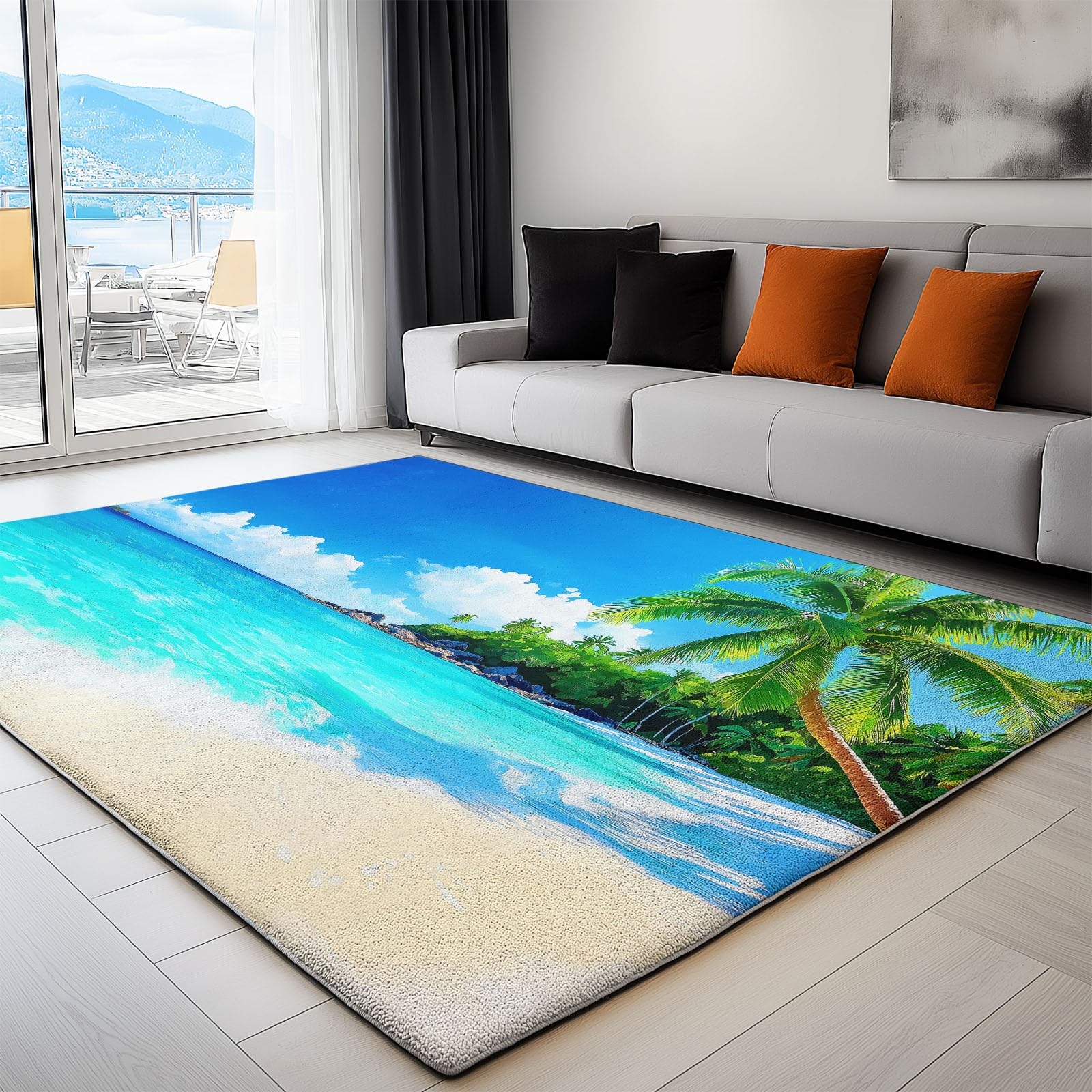 Générique Tapis de Salon Lavable en Machine 140 x 200 cm Doux à Poils Courts Moelleux Style Tropical Tapis antidérapant, Vagues de Plage Palmiers et Îles pour Le l'entrée, la Chambre et la Cuisine