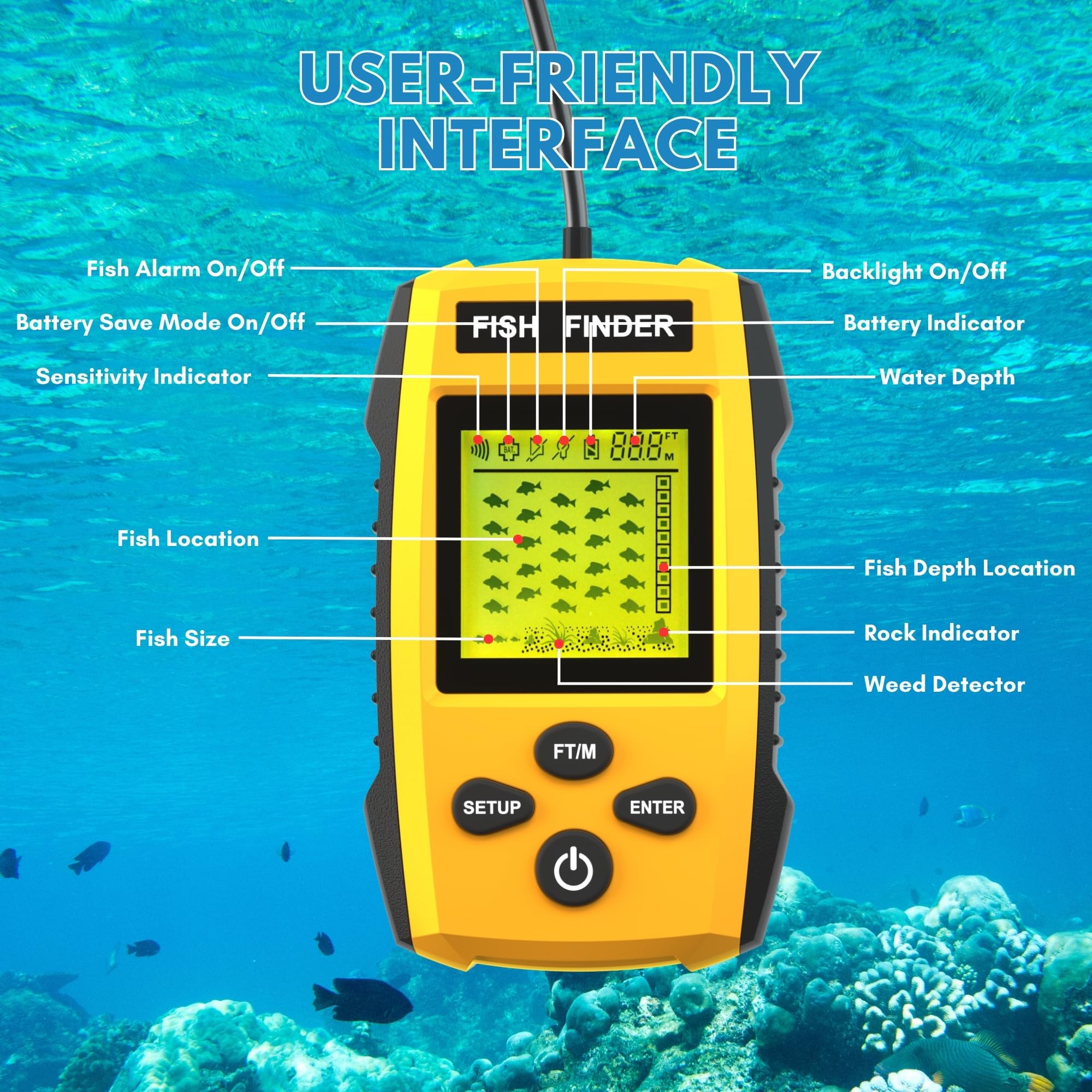 Portable Sonar Alarm Fish Finder with Sonar Transducer and LCD Display, for Kayak Fishing Boat Fishing Ice Fishing