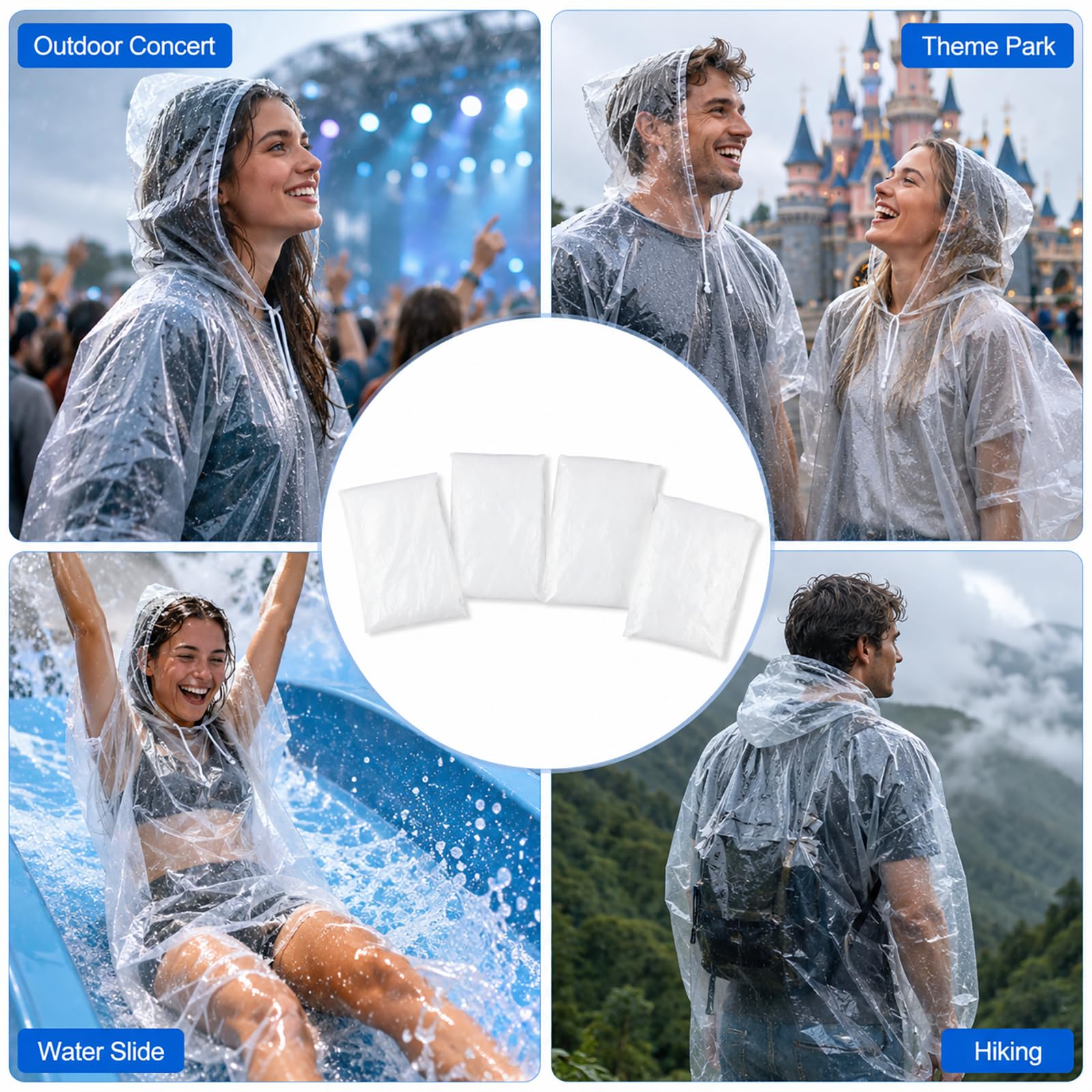 Lote de 4 Ponchos de Lluvia Desechables para Adultos, Capa Transparente Impermeable con Capucha y Mangas Sueltas, Protección Ligera para Senderismo Camping Parque de Atracciones