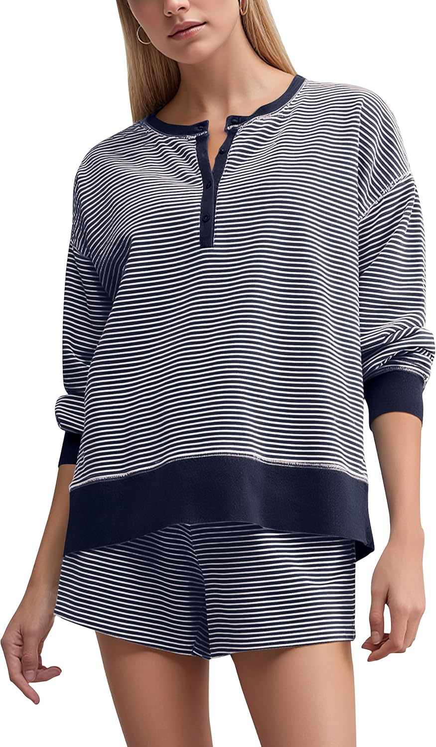 OLAPTA Women Striped 2 Piece Lounge Outfits Button Down Long Sleeve Loose Sweatshirts Color Block Casual Wide Leg Shorts Sets