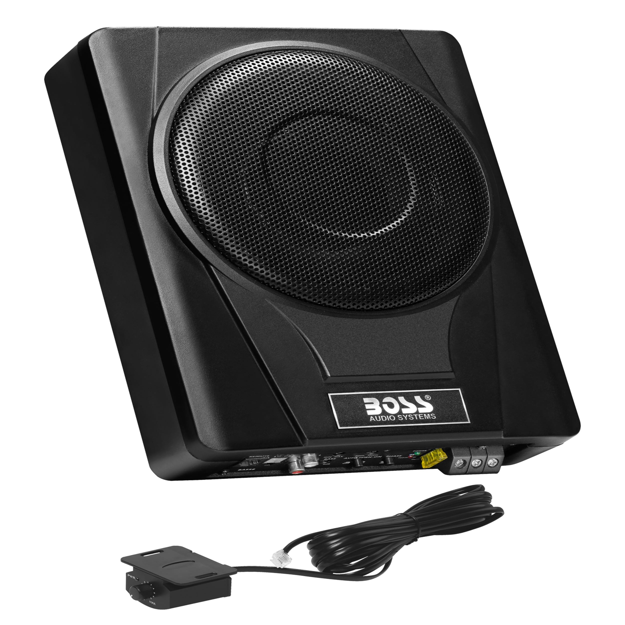 Boss Audio Systems BASS8 - Subwoofer para Coche de 8 Pulgadas para Debajo del Asiento, Salida Alta 800, Perfil bajo, Amplificador Integrado, para camión, Cajas y recintos, Control Remoto de subwoofer