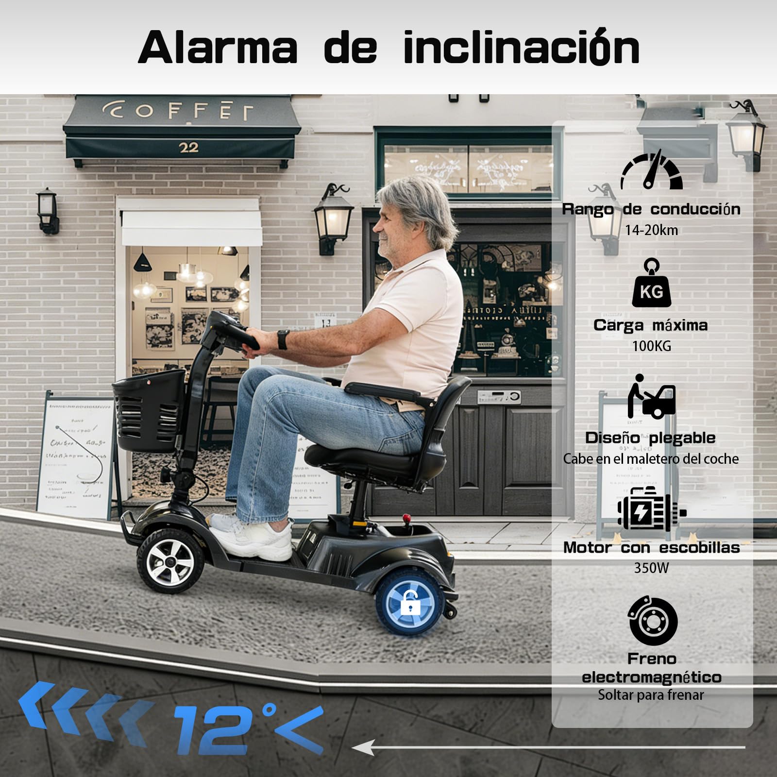 Z02 Scooters para discapacitados plegable para mayores, autonomía de 20 km, motor de 350 W, diseño estable antivuelco, asiento giratorio de 360°, luces LED, fácil de usar, 5 años soporte - Negro