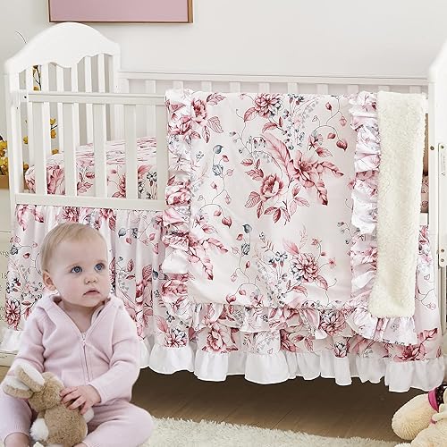 Brandream Girls Nursery Bedding Pink Floral Crib Bedding Set 3 Piece Farmhouse Baby Blanket Set, 3 Piece
