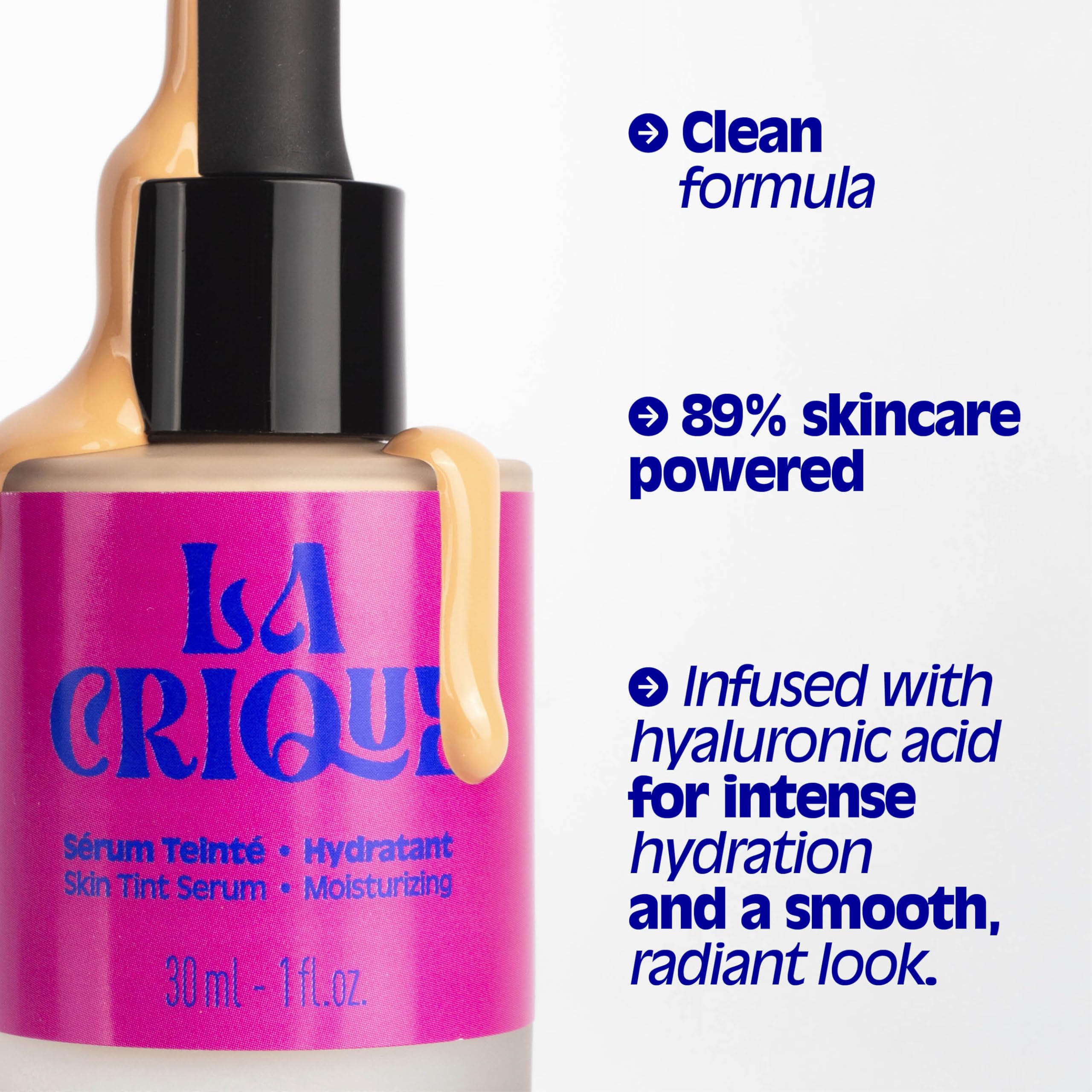 La Crique - Siero tinto idratante 30 ml - Pelle secca molto secca - Finitura naturale Glowy - Acido Ialuronico - 99% naturale - Cura vegana - 00 porcellane