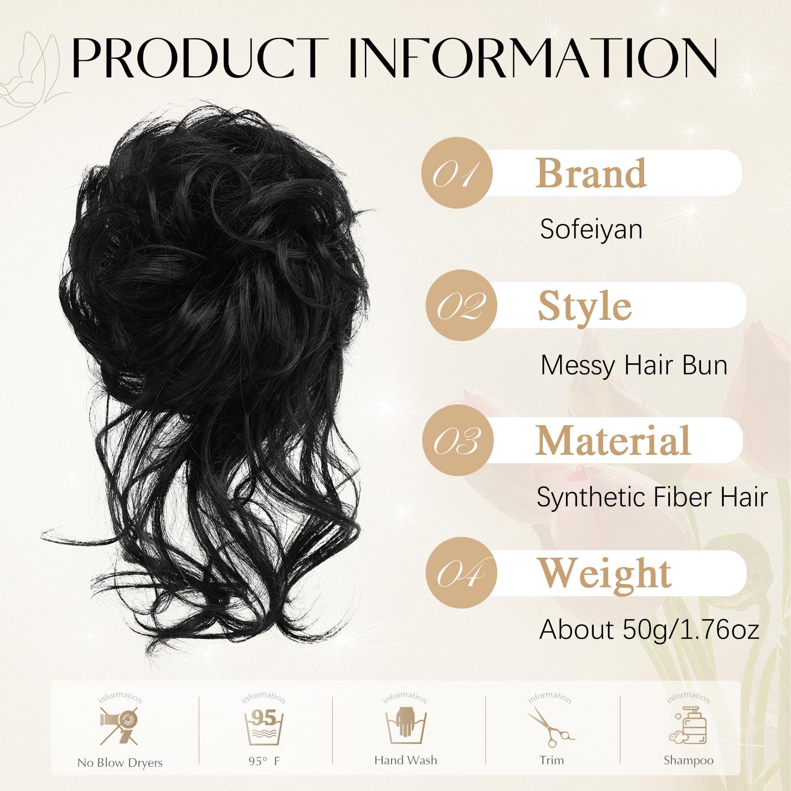 Sofeiyan Moños Postizos, Voluminoso Postizos de Pelo con Goma Rizado Sintética Donut Moño Extensiones Extensiones de Cabello Moño de Pelo Ondulado Postizo para Mujer, Negro