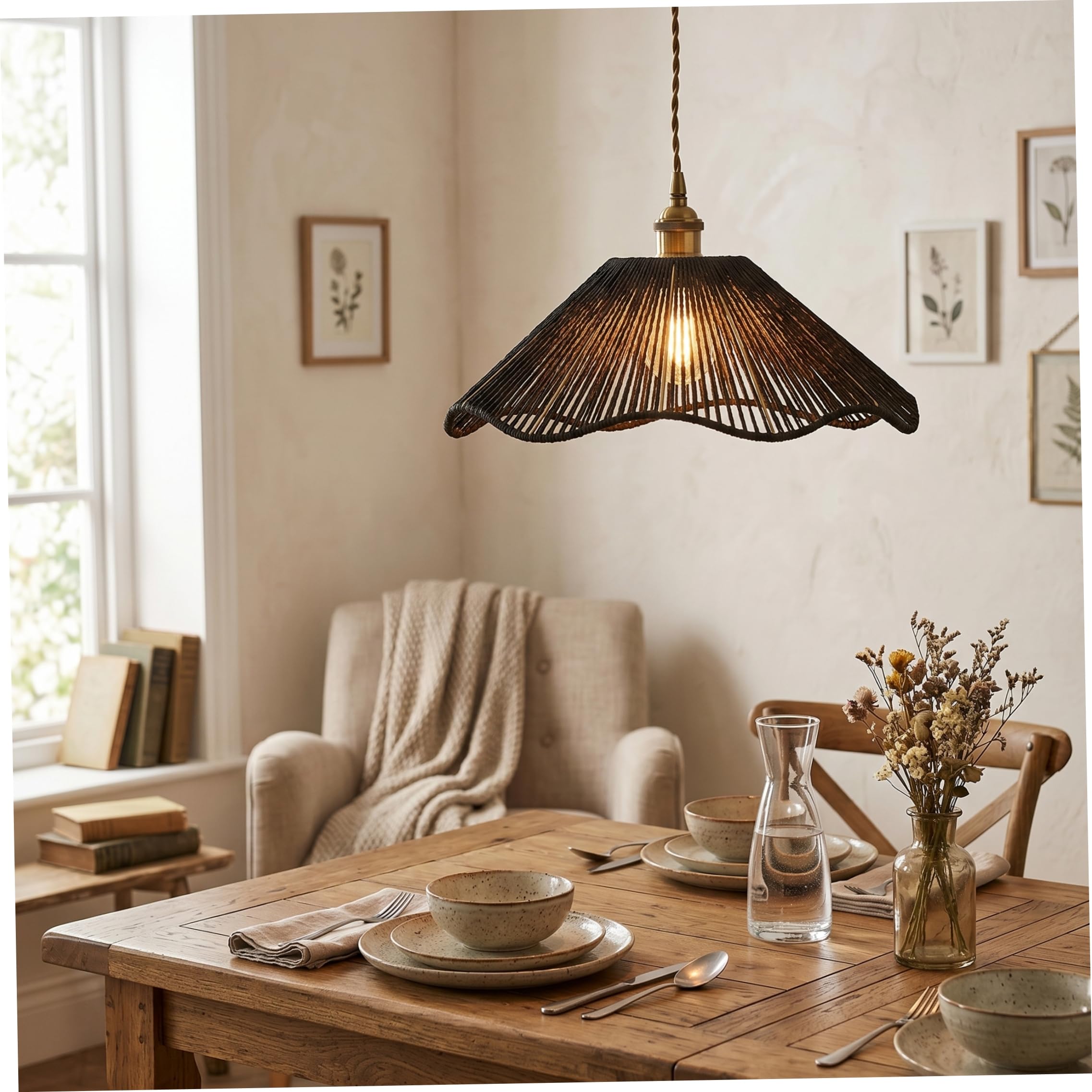 Paralume per lampada a sospensione, paralume per lampada a sospensione Boho, corda di carta e decorativa sospesa in ferro intrecciato nero.