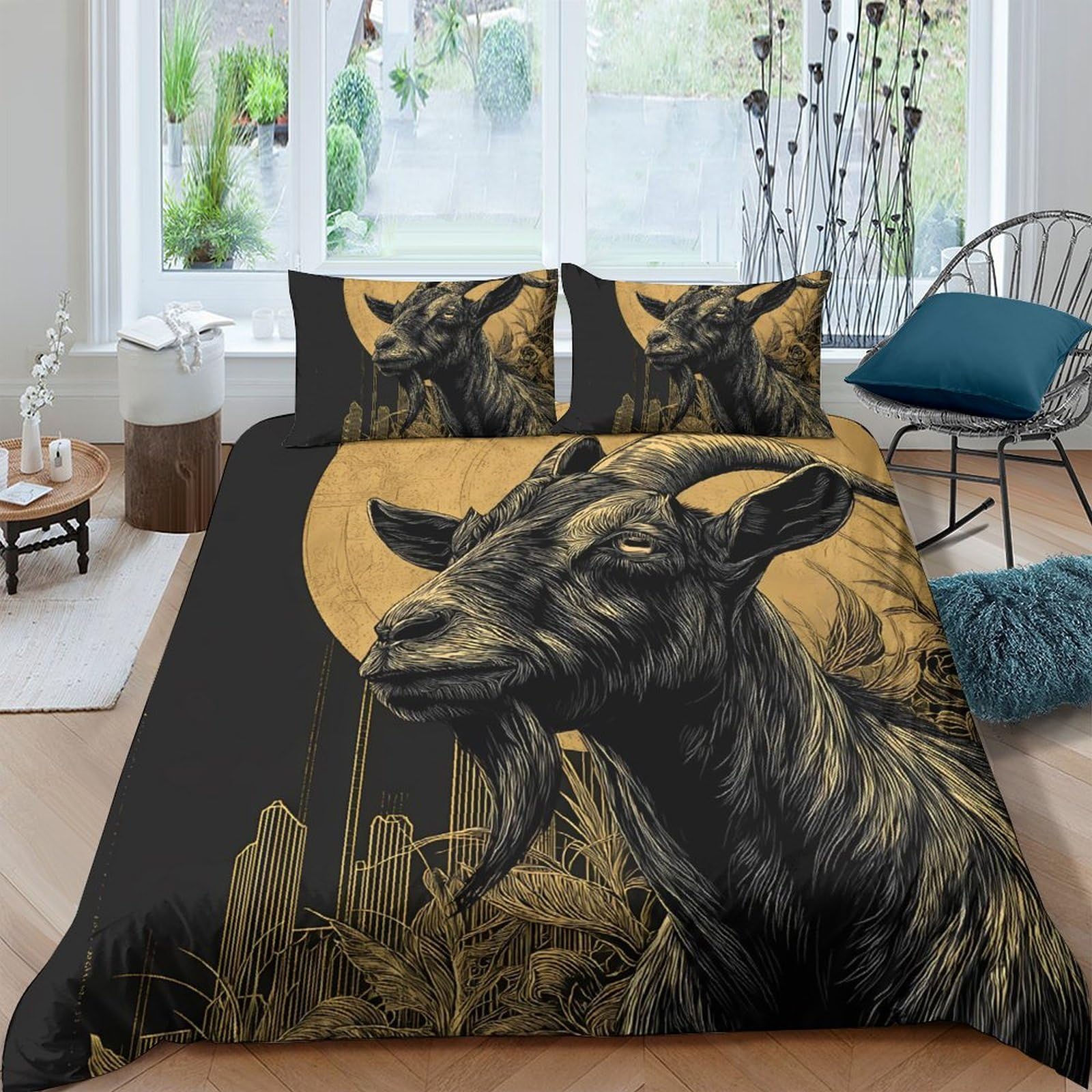 Ctjqhvkz Style-10 3D Printed Goat Moon Fitted Sheet Microfiber Soft Black Gold Farm Landscape Mattress Cover For Bedroom Decor Single（135X200cm）