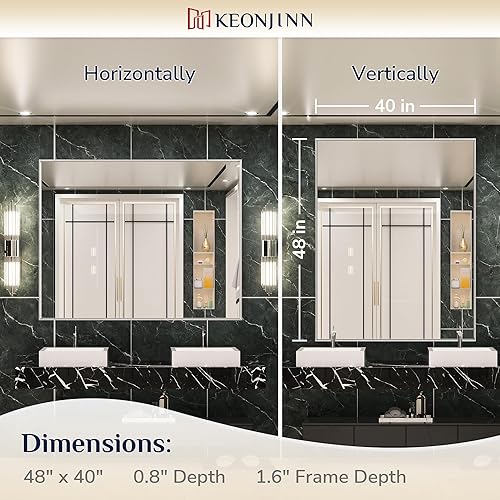Miniatura 447 de Keonjinn Espejo de baño dorado de 48 x 36 pulgadas, espejo rectangular con marco de metal dorado cepillado, espejo de pared grande rectangular