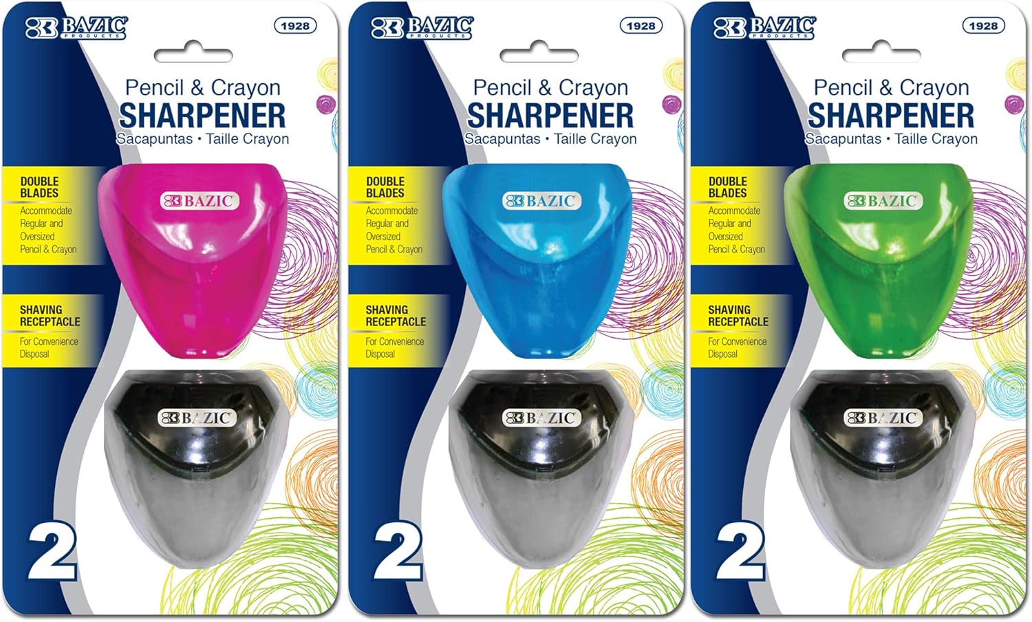 BAZIC Pencil Sharpener Dual Blades w/Receptacle, Standard