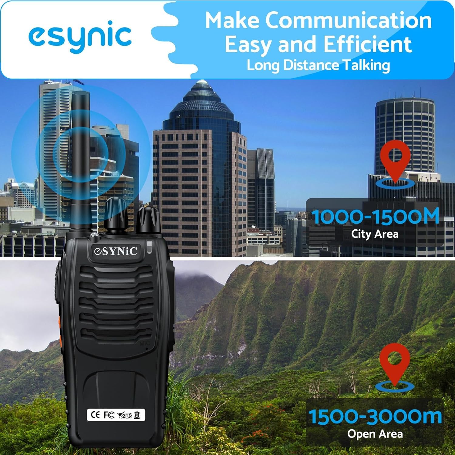 eSynic 10pcs Talkies-Walkies Longue Distance avec Écouteurs Talkie Walkie Professionnel 16 Canaux 1500 mAh avec Chargeur USB Compatible VOX pour la Survie en Pleine Nature Cyclisme