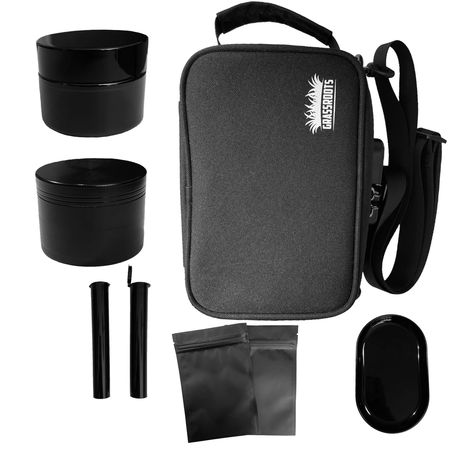 GRASSROOTS Black Stash Bag with Lock Lunch Box + Accessories Tray Adjustable Strap Herb Grinder + More Smell Proof Container