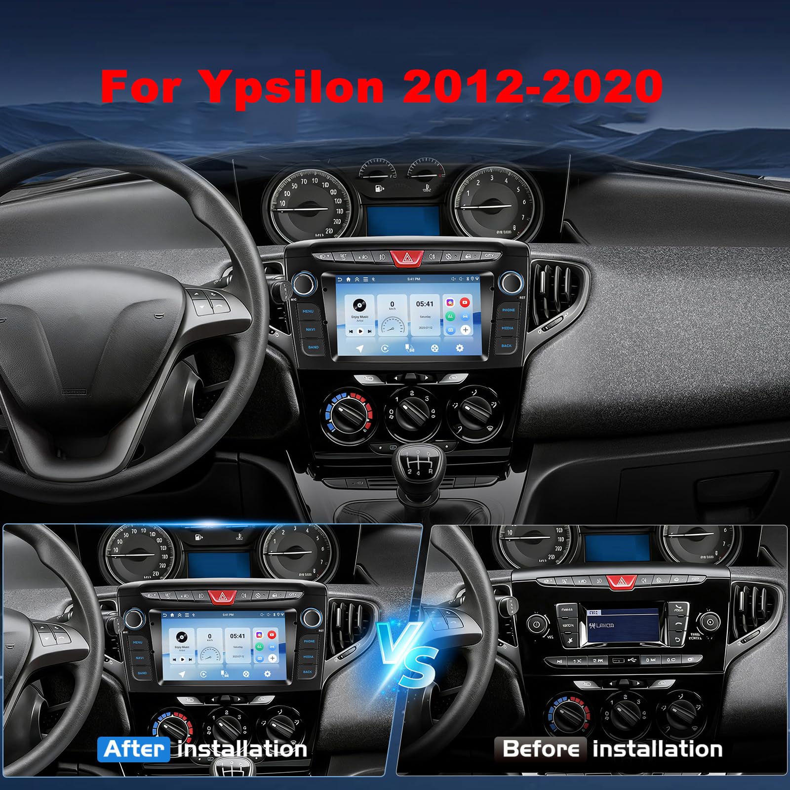 Android 15 Radio Samochodowe do La-ncia Ypsilon 2012-2020, Sieć 5G, 7-Calowy Ekran Dotykowy, Obsługa Bezprzewodowego CarPlay Android Auto, Nawigacja GPS, Bluetooth, WiFi, FM, SWC, k(Size:8Core 6+128G)