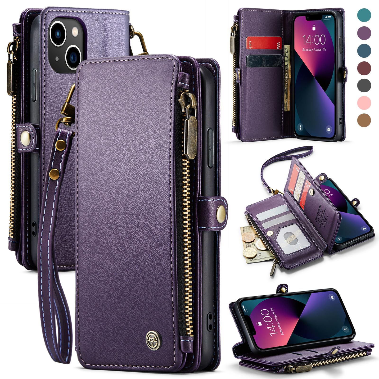 Defencase for iPhone 13 Pro Max Case, RFID Blocking iPhone 13 Pro Max Case Wallet Women Men with Card Holder, Zipper Magnetic Flip PU Leather Protective Cover for iPhone 13 Pro Max Phone Case, Purple