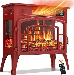 Kucreiheat 23" Electric Fireplace Heater, Space Heater Fireplace w/3D Flame, ETL Certified, 750W/1500W Thermostat, Overheat Protection & 12H Timer, Remote, Fireplace Heaters for Indoor Use, Red