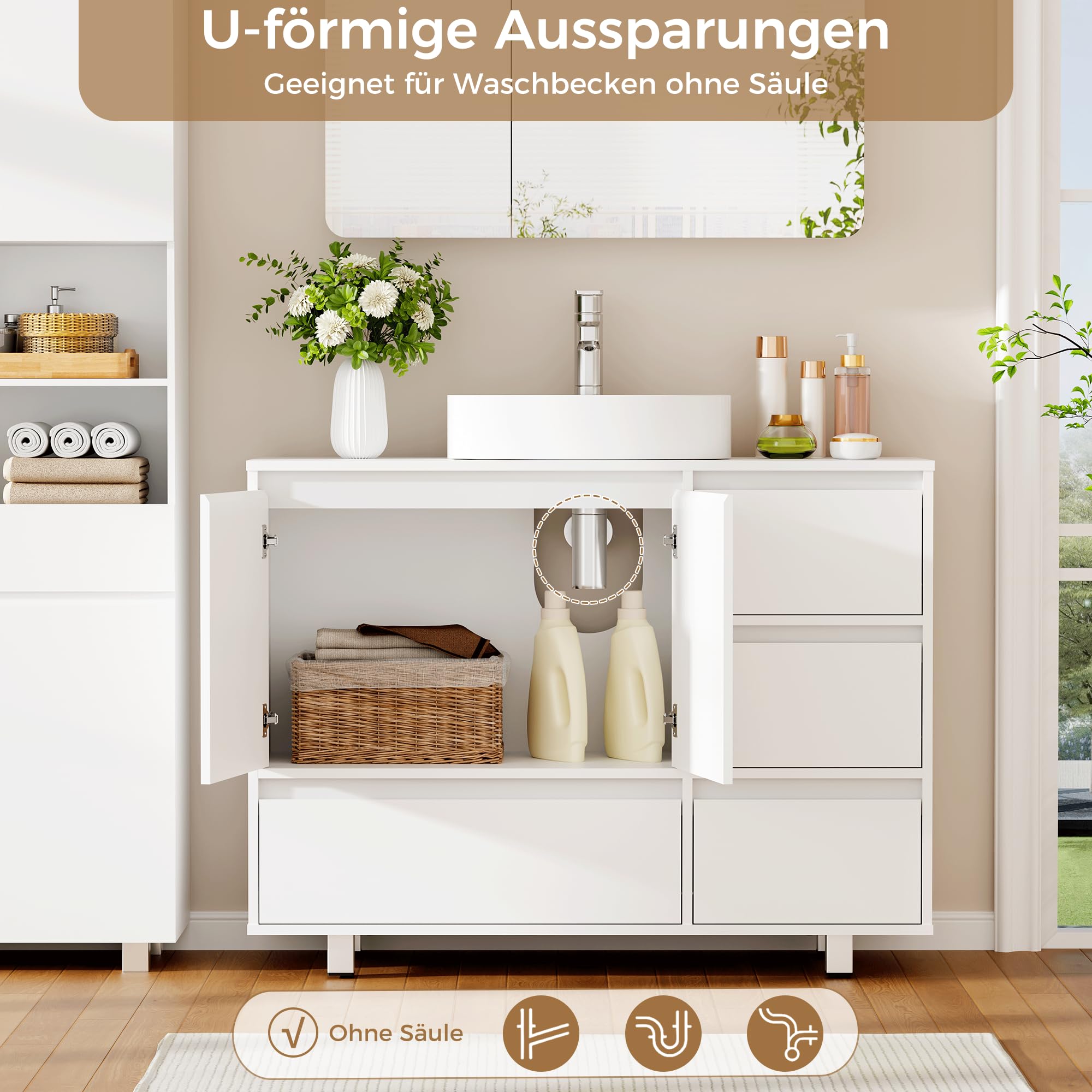 ANWBROAD Mueble Bajo Lavabo, 4 Cajones, 2 Puertas, Armario de Baño con Patas, Moderno,90 x 30 x 64,5 cm, Blanco SSC002W