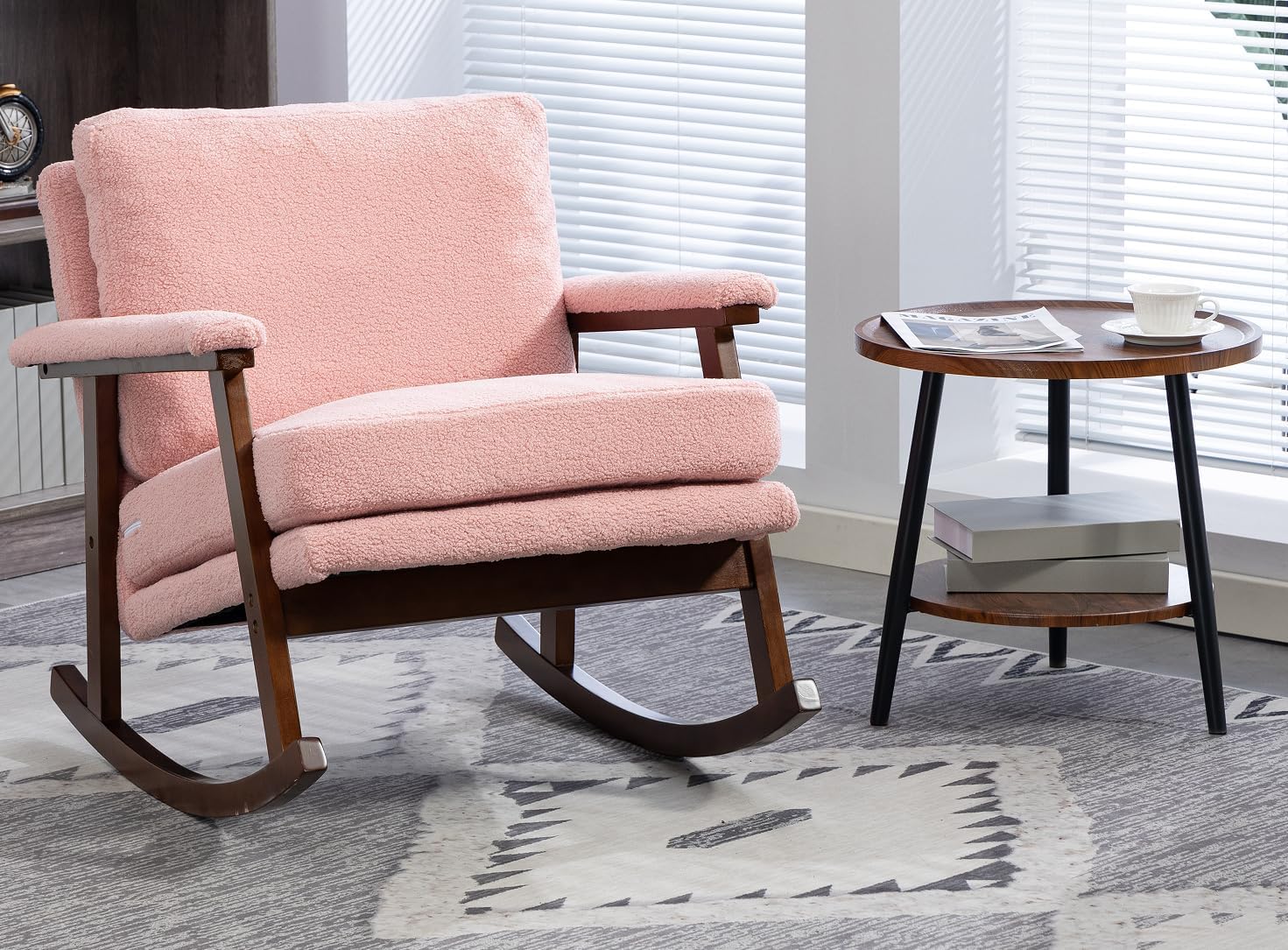 Mid Century Modern Accent Chair,Rocking Chair with Wood Frame, Reading Armchair,for Bedroom,Sunroom,Balcony,Small Spaces (Light Pink)